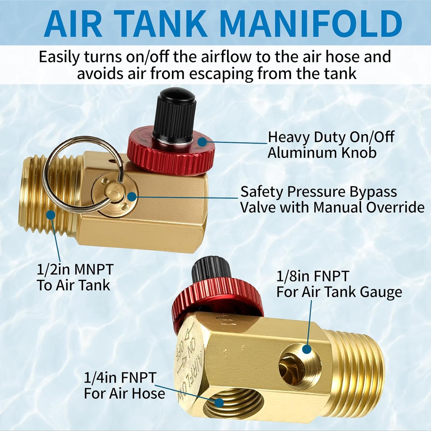 Air Tank Valve Kit Including Safety Valve Manifold, 0-200 PSI Pressure Gauge, 4 Feet Air Tank Hose and Thread Seal Tape for Portable Air Tank, 3 Pcs