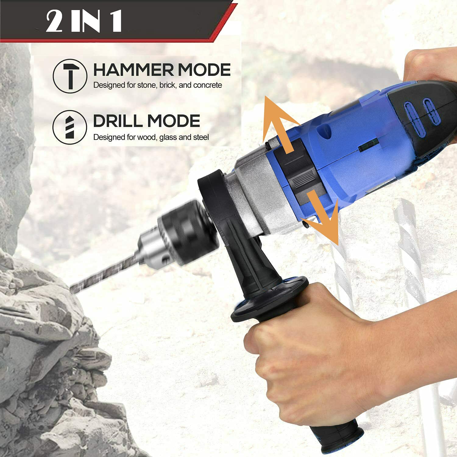 Taladro percutor de 850 W, 230 V, 3000 RPM, velocidad variable con mango, rotación de 360°, incluye accesorios