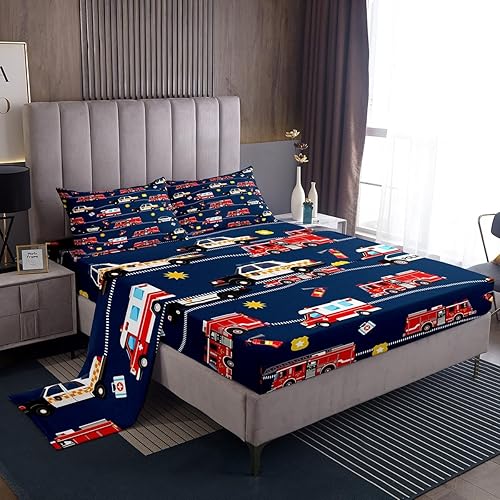 Juego de sábanas para cama de coche de bomberos, juego de sábanas de coche de policía con bolsillo profundo, sábana bajera ajustable para decoración