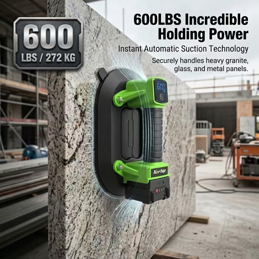Heavy Duty Suction Cups for Glass Lifting, 600LBS Battery Powered Suction Tool with Digital Display, 4x2400mAh Batteries, Electric Lifter for Granite, Tile, Metal, Large Glass