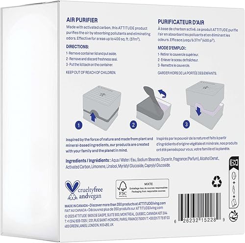 Miniatura 8 de ATTITUDE Eliminador de olores con carbón activado, purificador de aire a base de plantas, vegano, aroma a lavanda y eucalipto, 8 onzas