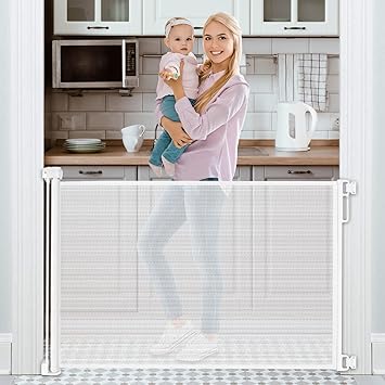 Retractable Baby Gate for Doorways and Stairs, Extra Wide Mesh Child Safety Gate for Kitchen Hallway Indoor, Easy Install Baby and Pet Safety Barrier, Space Saving Design (White)