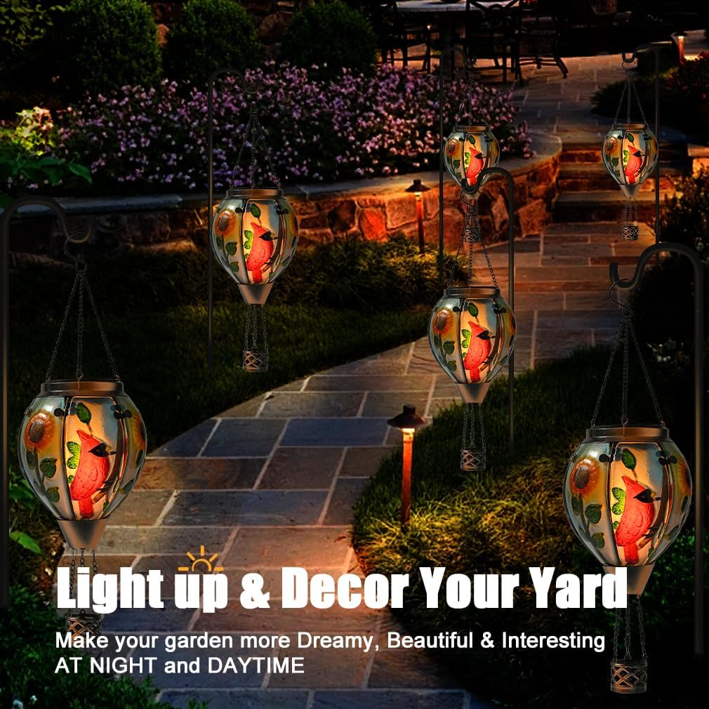 Hot Air Balloon Solar Lantern - Cardinal Bird Glass Lantern, Simulated Flickering & Dancing Flame, Outdoor Hanging Yard Light Waterproof IP65 for Patio Lawn Porch Decor Gift