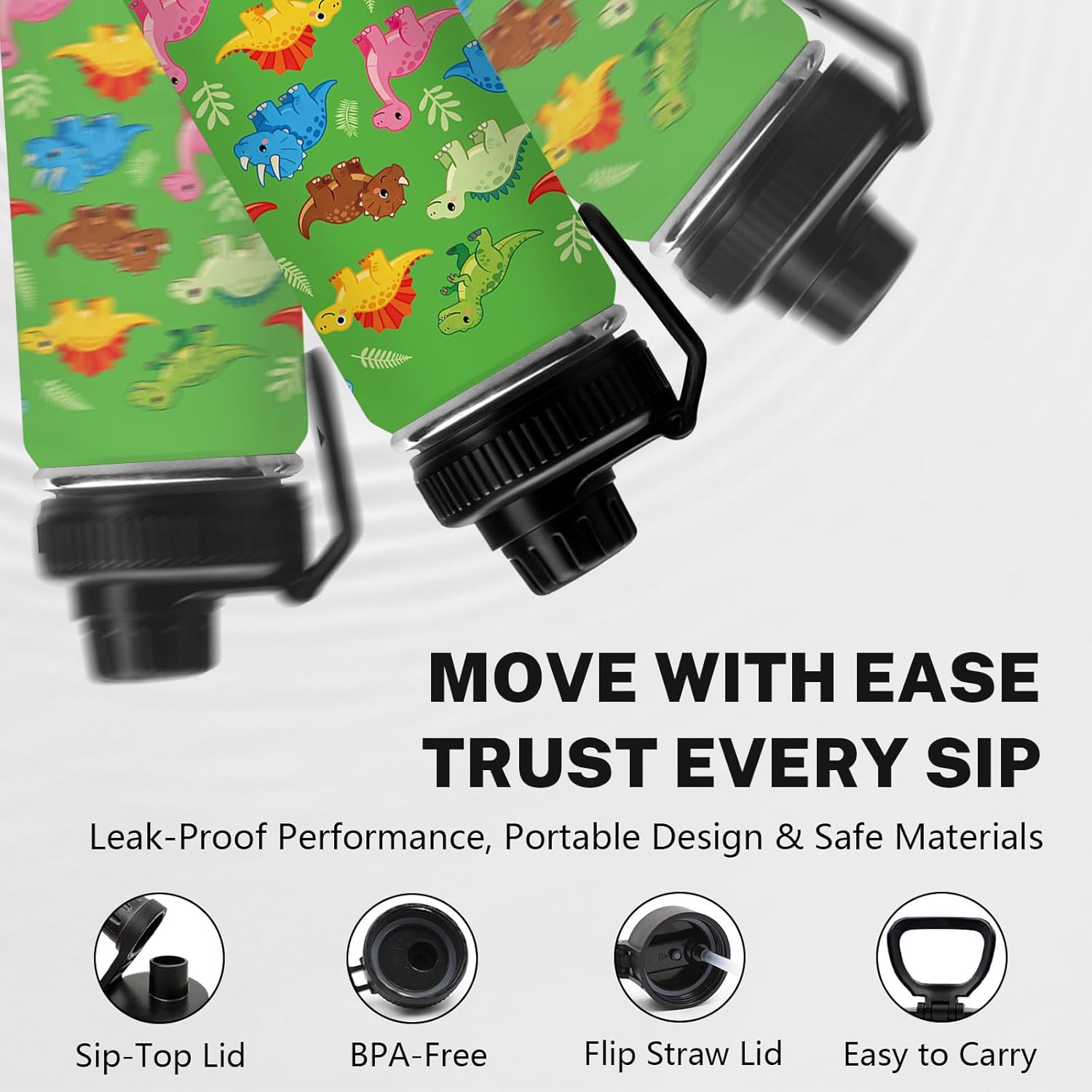 Dinosaur Water Bottle for Son, Stainless Steel Insulated Tumbler for Home with 2 Lids & Handle, Antislip Silicone Boot, 18oz Reusable Leak-proof Bottle for Sports, 1 PCS - Image 4