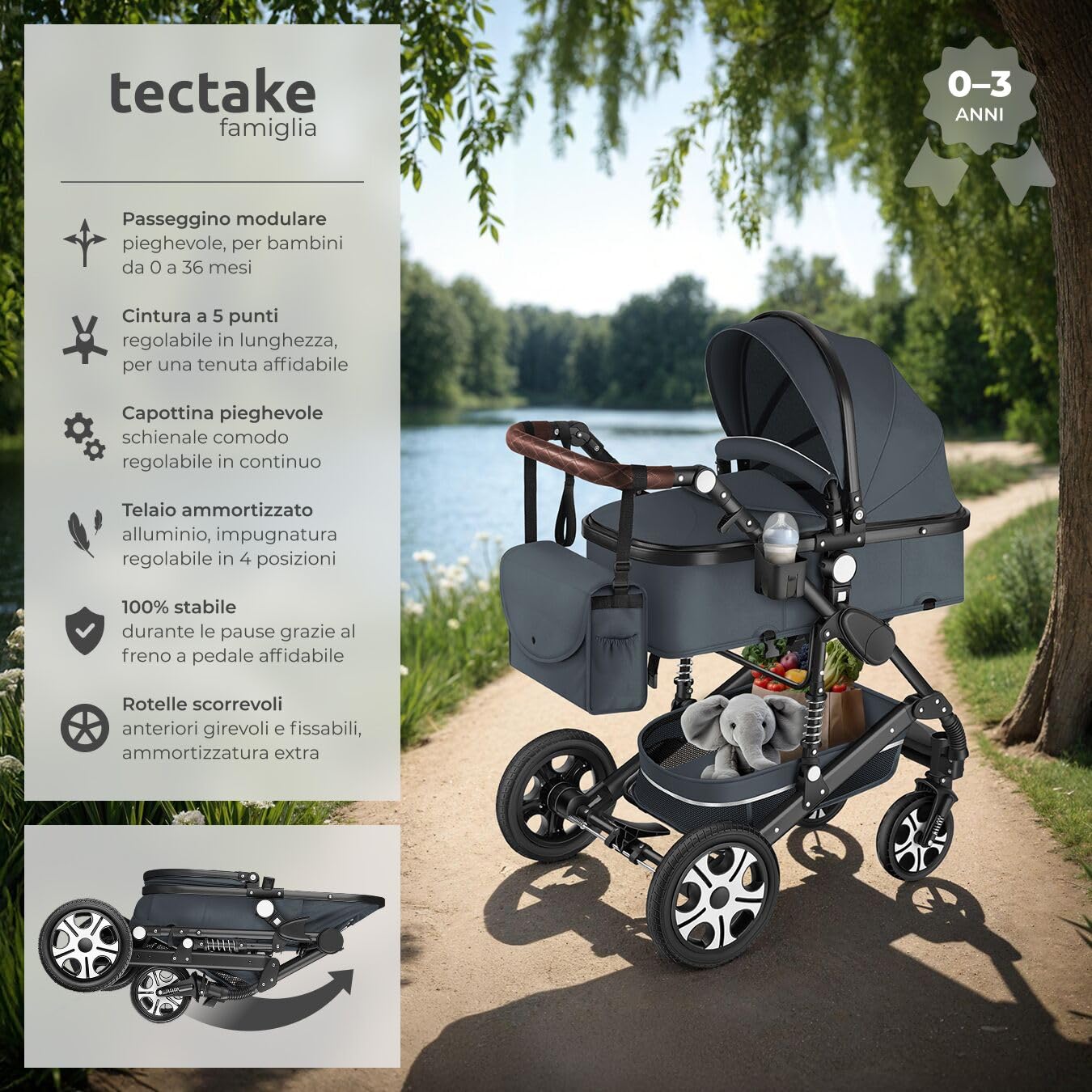 tectake® Passeggino Combinato Pieghevole 2 in 1 Leggero con Cintura a 5 Punti e Freno a Pedale Antracite