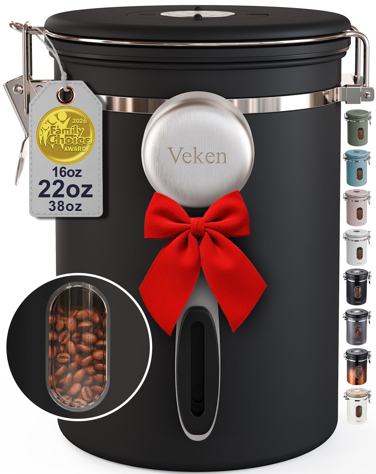 Veken Coffee Canister with Window, Airtight Stainless Steel Kitchen Food Storage Container, Date Tracker and Scoop for Grounds Coffee Bar Accessories, Beans, Tea, Sugar, Flour, Cereal, 22OZ, Black