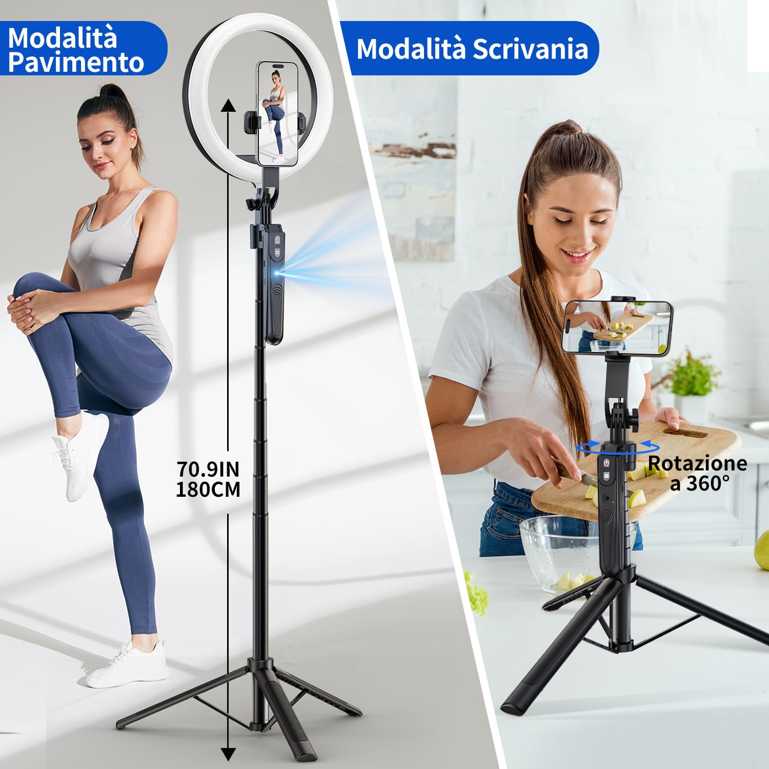 yAyusi Treppiede Rotazione a 360° per Rilevamento Automatico del Volto con Luce ad Anello,180CM Selfie Stick Treppiede con Telecomando,Treppiedes Telefono con Sensore per Streaming Live/Vlog