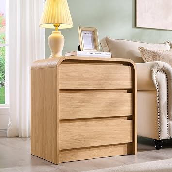 Aitjunz 25" Tall Modern Nightstand with Charging Station, 23.6 Wide Wood Bedside Table w/3 Storage Drawers, Small Dresser w/Curved Profile Design, End Table for Bedroom, Natural Oak
