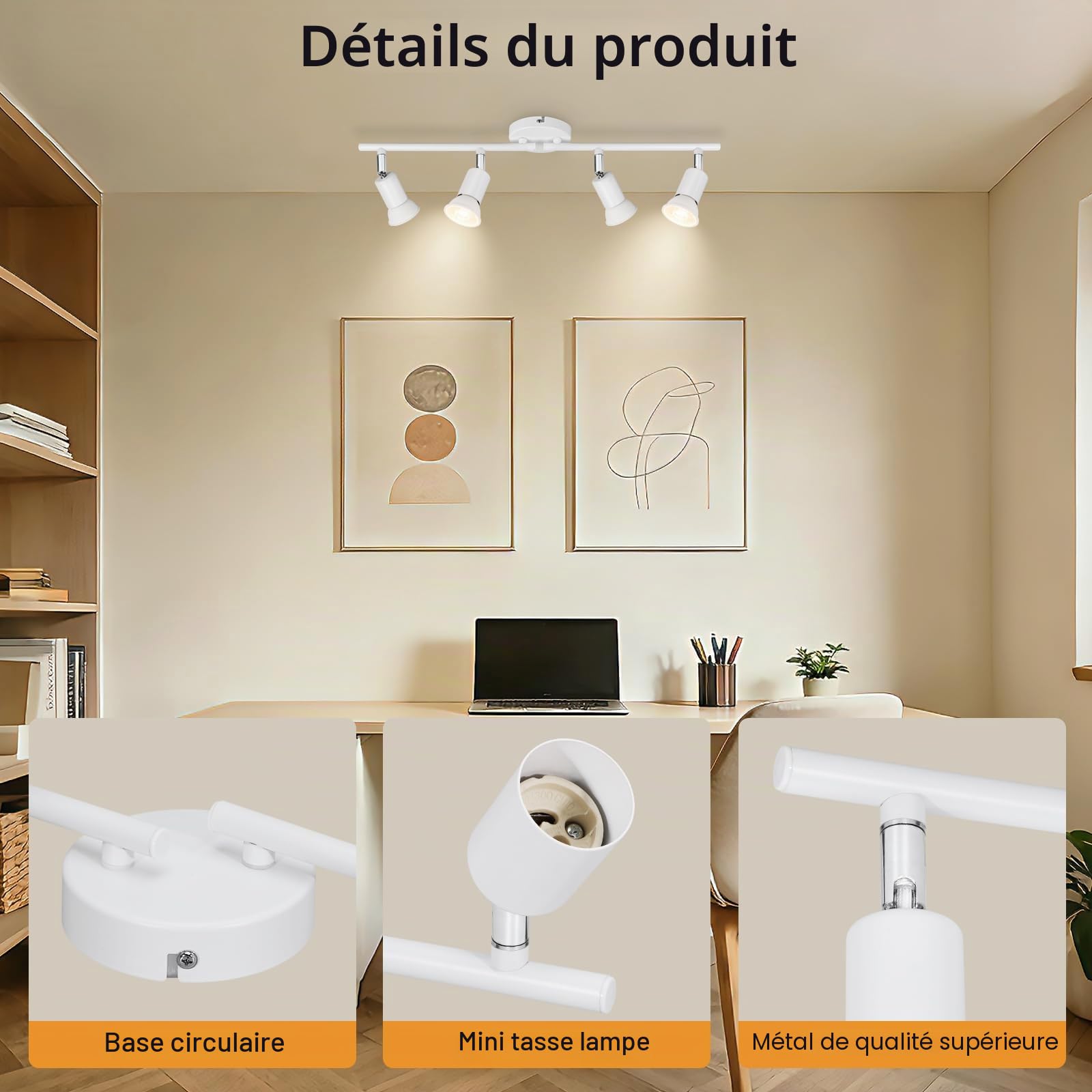 Ketom Plafonnier LED 4 Spots Blanc, Éclairage de Plafond GU10 Moderne, Barre de Spots, Lumiere Plafond Orientable Intérieur pour Cuisine, Chambre, Salon, Couloir, Sans Ampoules