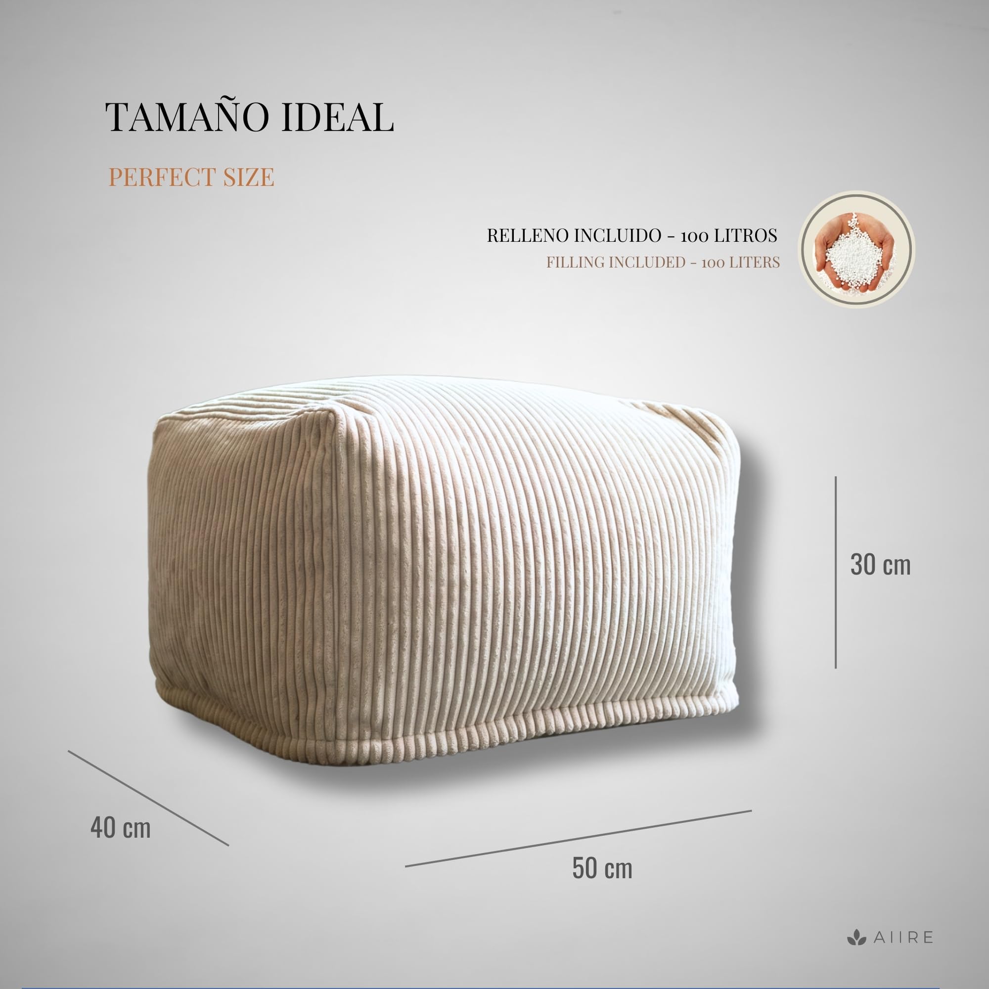 Aiire Sillón Puff con Relleno Incluido - Puf Salon, Dormitorio y Habitación Juvenil Moderno - Funda en Pana Premium Desenfundable y Lavable - Puff Reposapiés Rectangular [50x40x30]