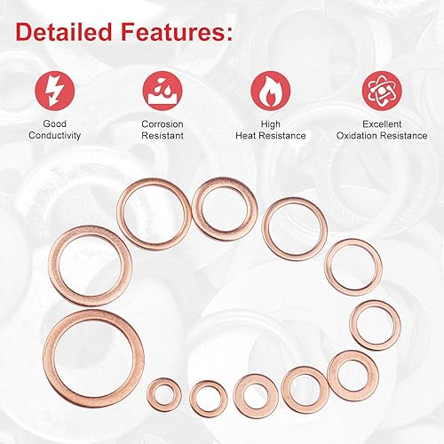 Miniatura 4 de AOKOLL 300 piezas de arandelas de trituración de cobre M5 M6 M8 M10 M12 M14 M16 M20 Kit surtido de arandelas planas de sellado (cobre)