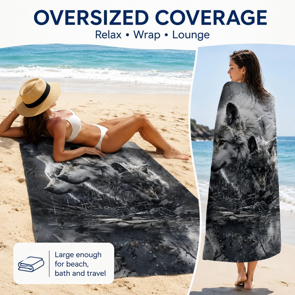 Telo Mare Microfibra Branco di Lupi Asciugatura Rapida | Asciugamano da Spiaggia Arte in Bianco e Nero, 145x200 cm, Assorbente, Accessori Mare, per Palestra Viaggio