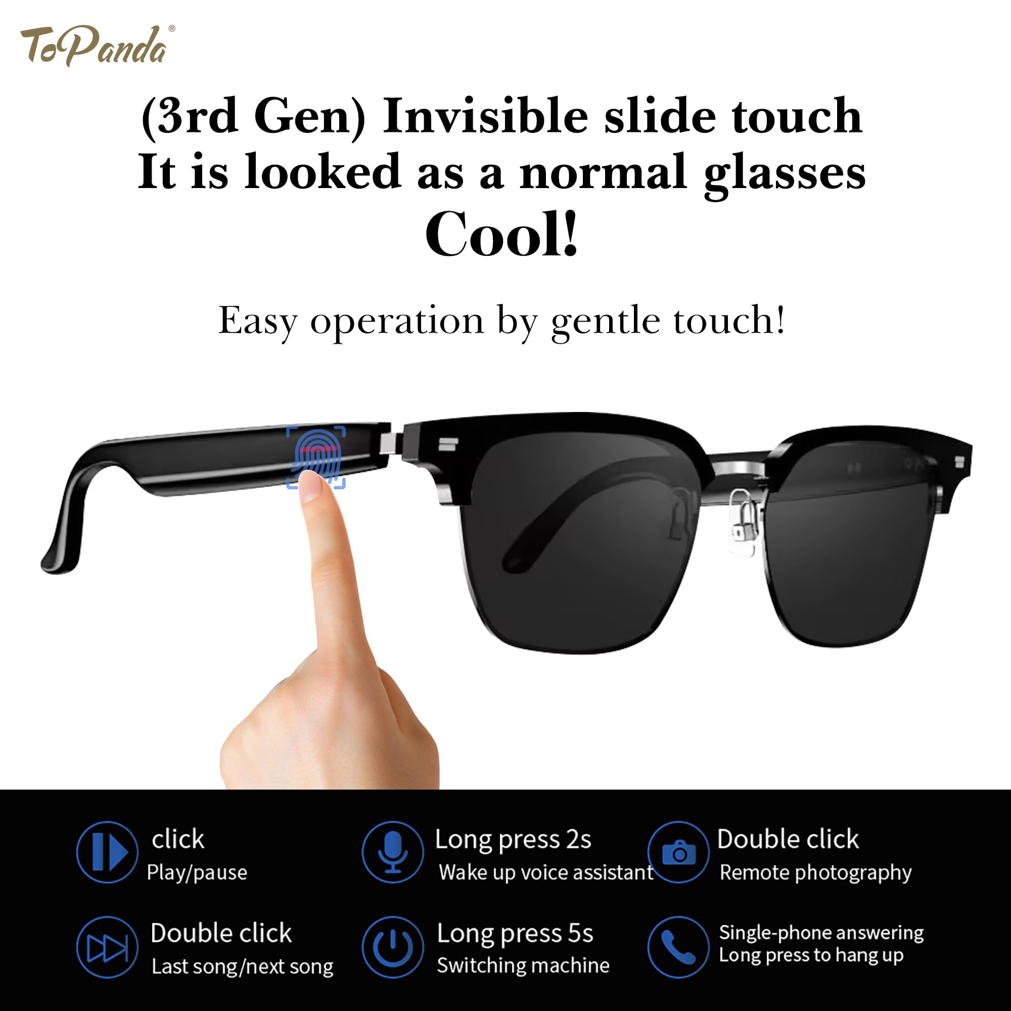 ToPanda Smart Audio Glasses (3rd Gen), TWS Open Ear Speakers with Bluetooth 5.0 Connectivity for Gaming Meeting. (Black/Silver-Sunglasses Lenses)