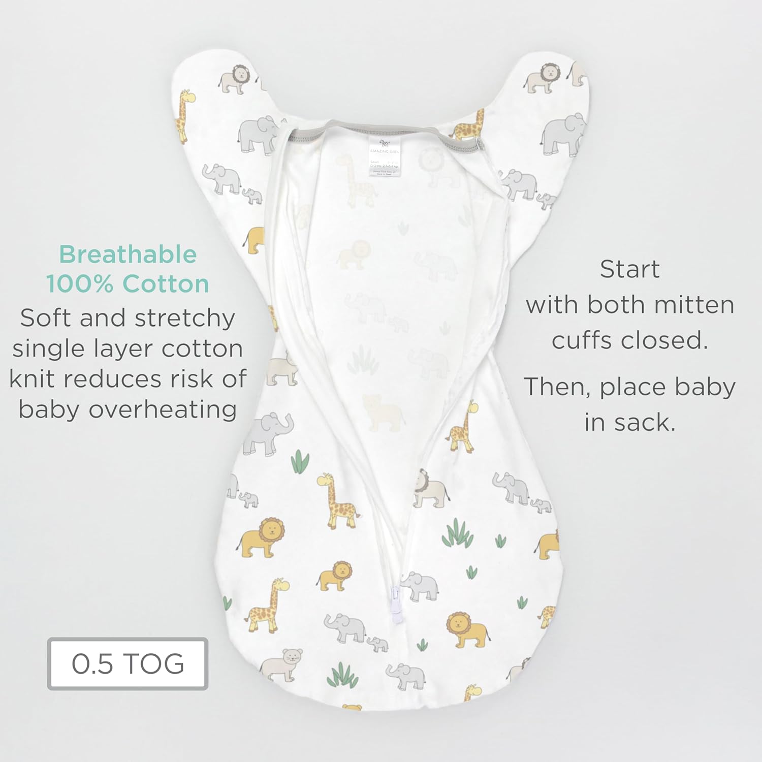 Amazing Baby Transitional Swaddle Sack, Arms Up Half-Length Sleeves & Mitten Cuffs, Swaddle for Newborn Transition to Baby Sleep Sack Wearable Blanket, Medium, 3-6 Month, 14-21 lb, On Safari - Image 6