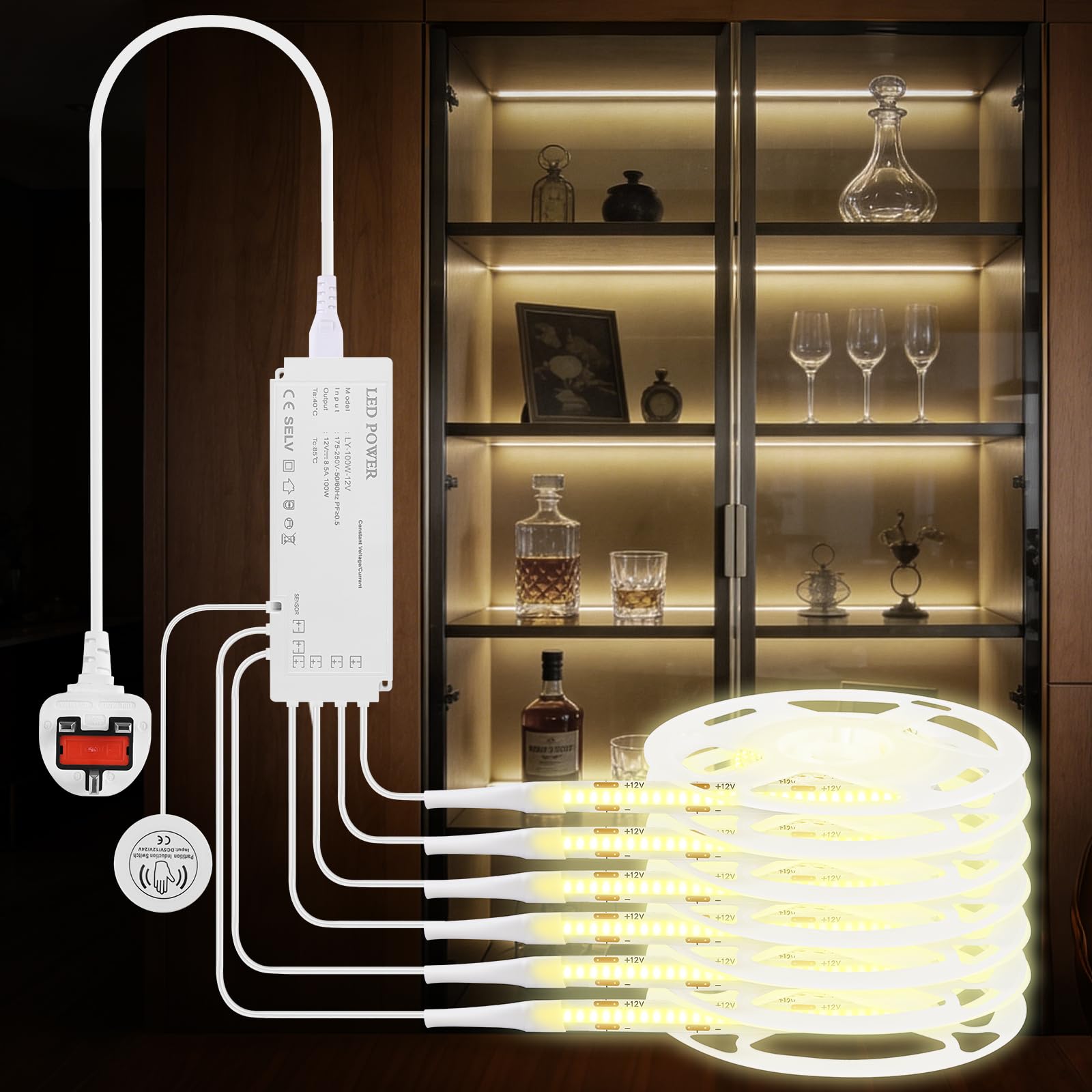 Birnetek 6-in-1 COB LED Strip Light, 6×3.3ft 4000K Neutral White Flexible Led Cob Strip Lights with Touch Sensor, Dimmable Cabinet Cob Light Strip for Kitchen, Wardrobe, Shelf, Showcase