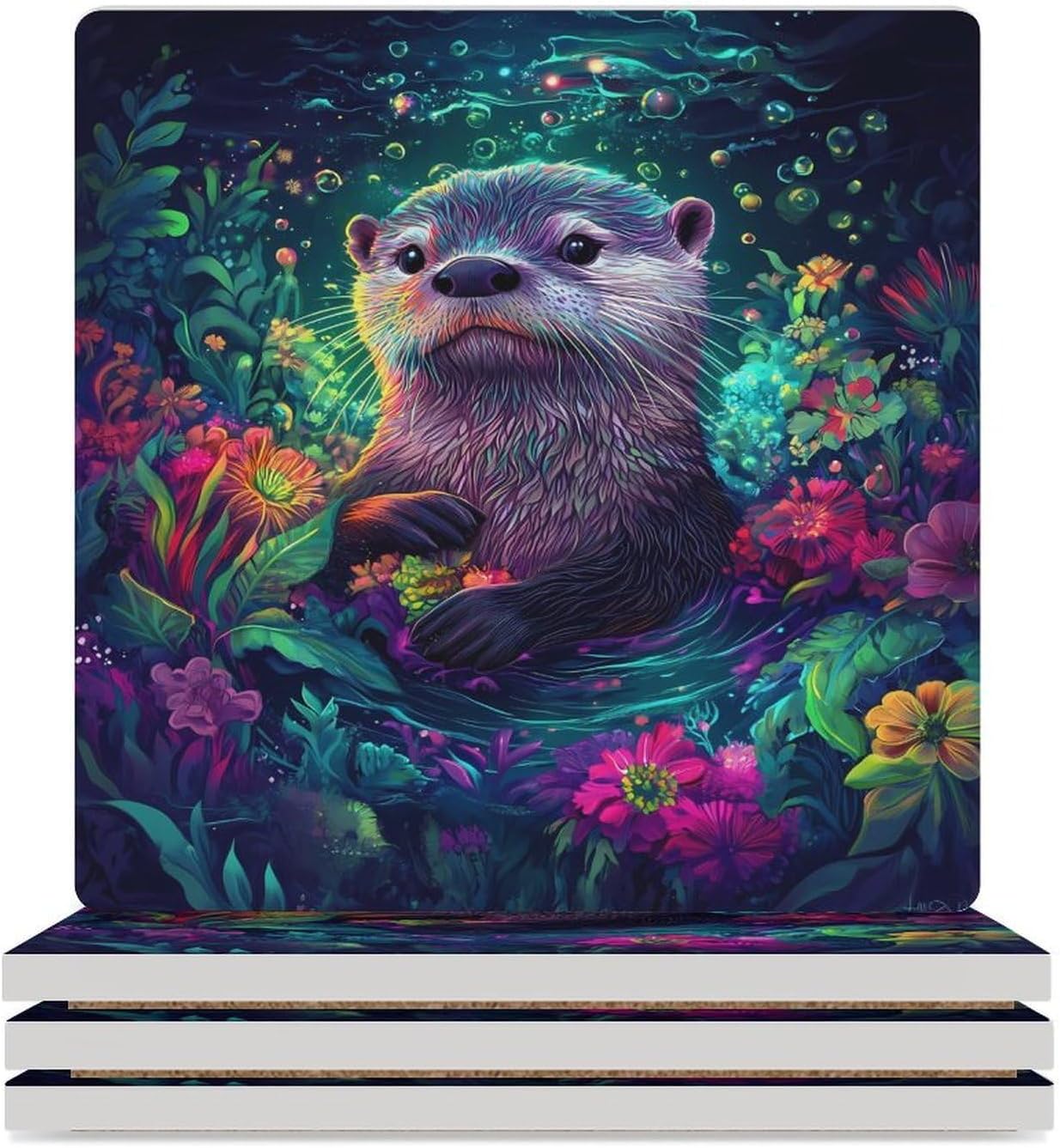 Otter Ceramic Coasters Square Drinks Coaster Coffee Table Decor Table Coaster for Home Bar