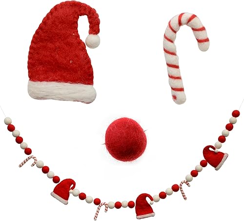Glaciart One Guirnalda de bolas de fieltro de sombreros y caramelos de Papá Noel, decoración navideña con pompón, hecha a mano de lana natural,