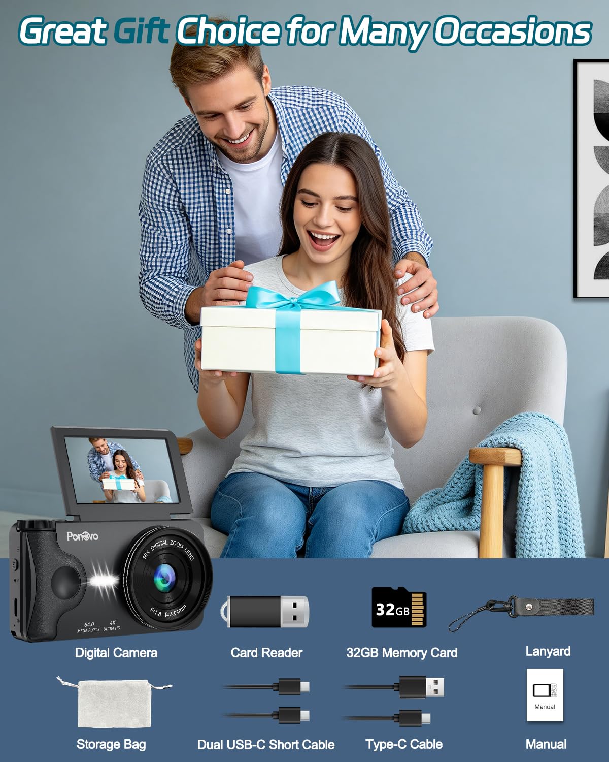 Digitalkamera 4K 64MP Autofokus Vlogging Kamera 3" 180° Klappbildschirm 18X Digitalzoom 2000mAh Akku 32GB Kompaktkamera Schwarz
