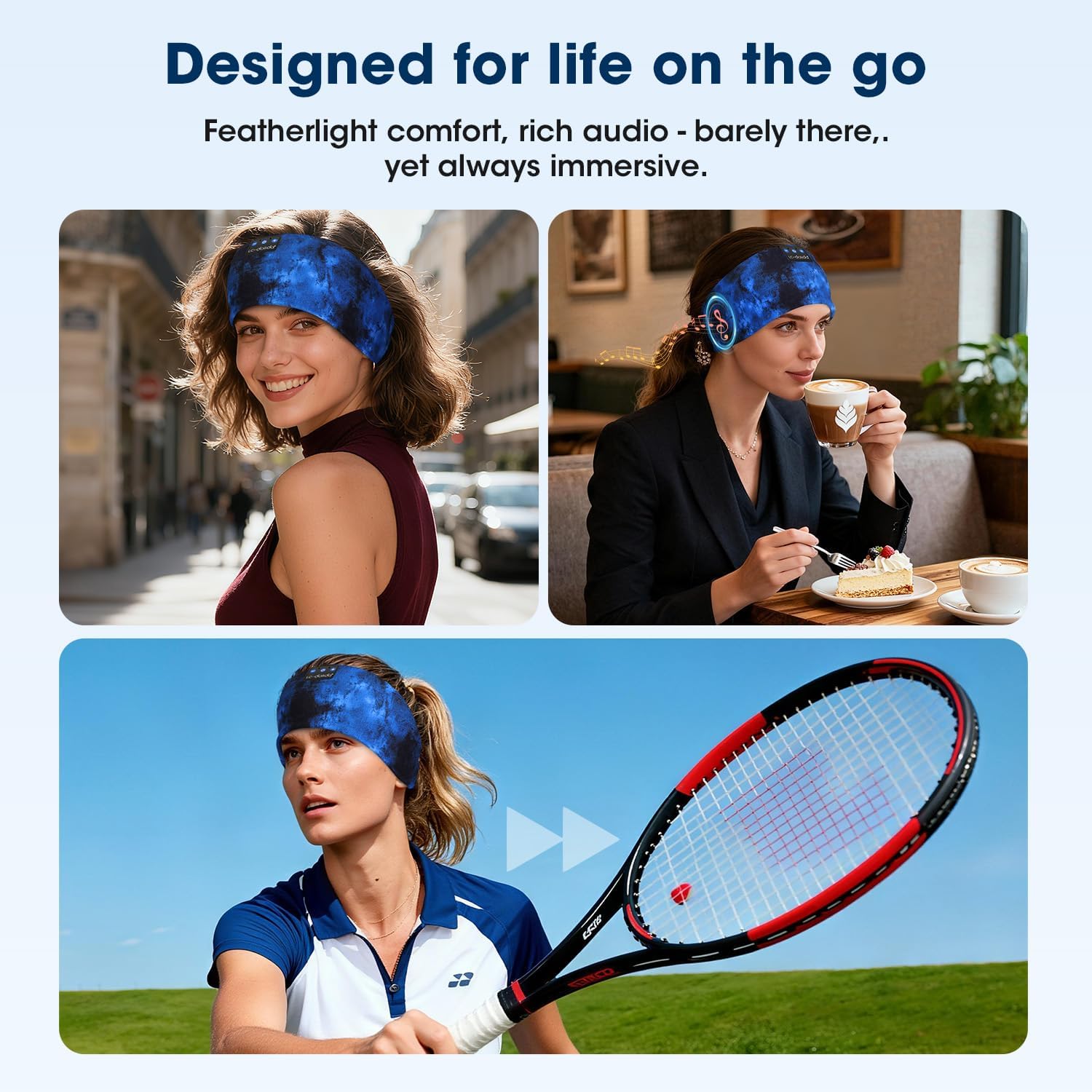 Three different individuals wearing LC-dolida Bluetooth Headphones in various settings, demonstrating versatility for daily life.