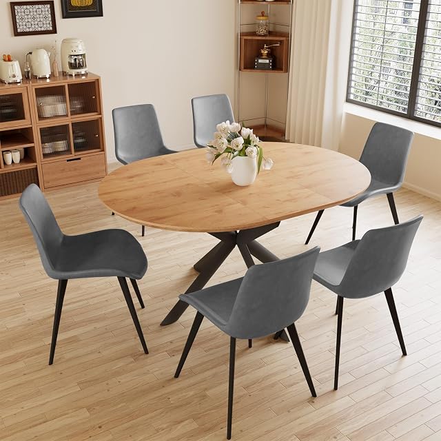 43 2-59 1 Extendable Round Dining Table Set of 7 Round Kitchen Table with Thickened MDF Board Oak