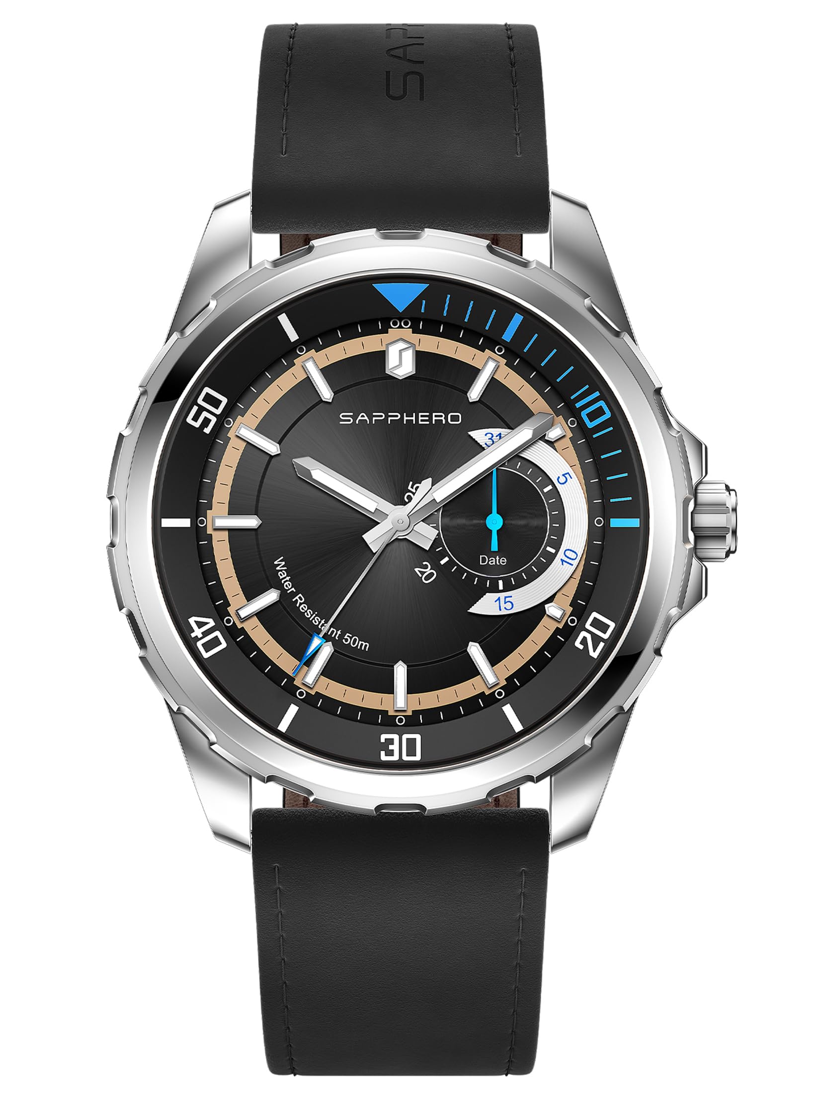 SAPPHERO Orologio analogico al quarzo da uomo, quadrante con datario e numeri arabi, impermeabile 50 m, luminoso, stile business e sportivo, cinturino in acciaio inox e pelle, elegante regalo per lui