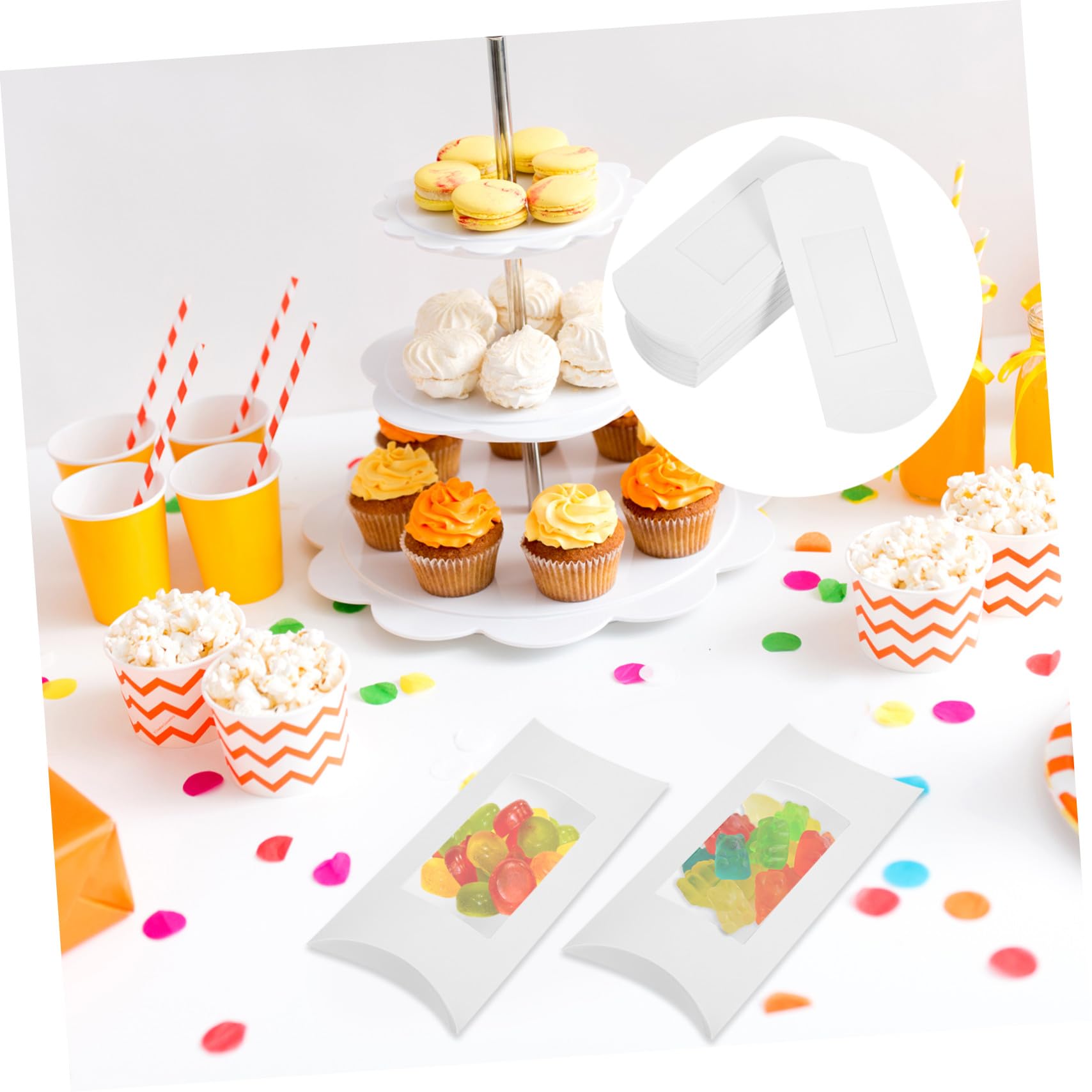 VERDANVERSE 50 Pezzi Scatole Cuscino con Finestra Trasparente Confezione in Carta Bianca per Caramelle Cioccolatini e Dolci Scatole Regalo Riutilizzabili per Gioielli e Dolci da Forno