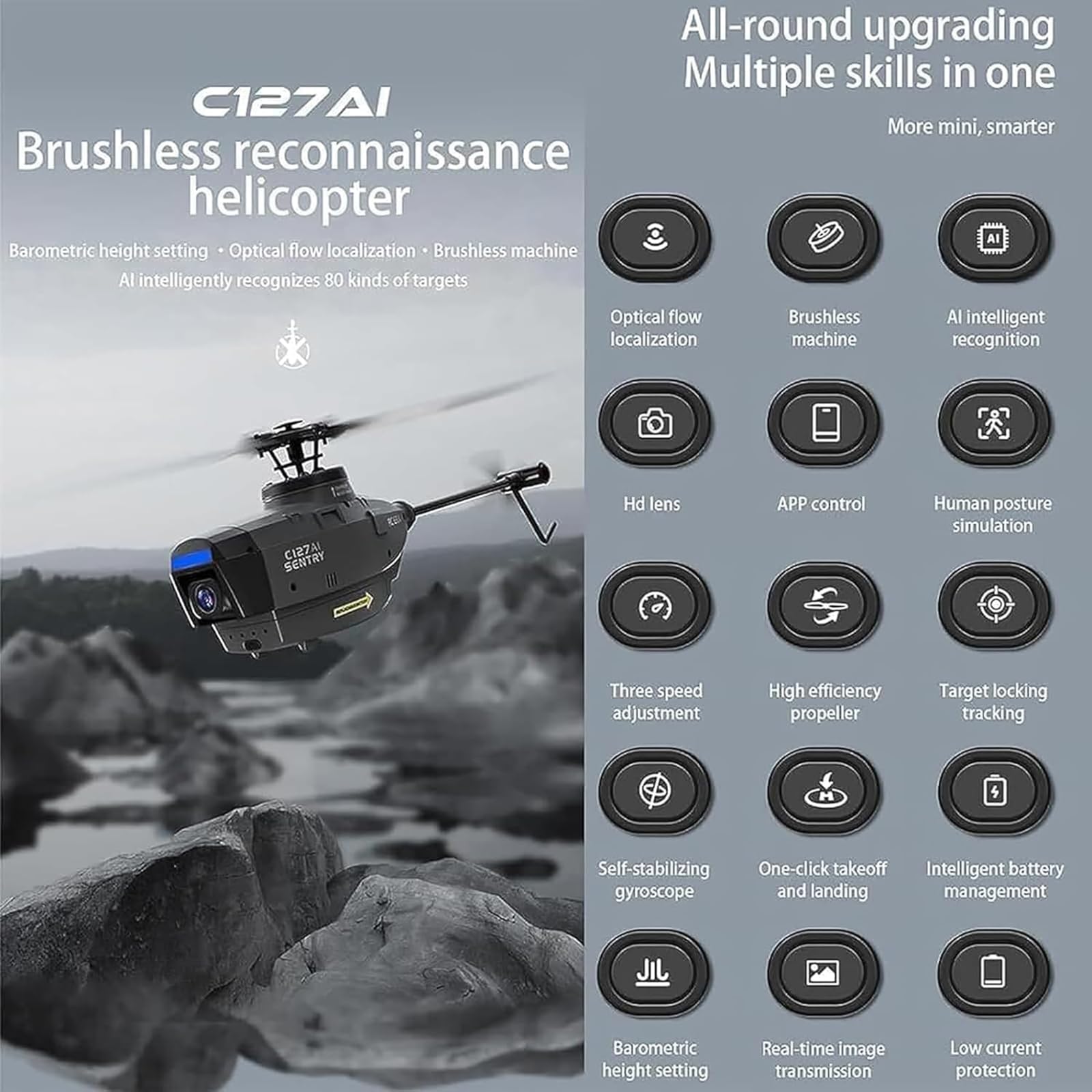 C127AI Model helikoptera RC z kamerą, zdalnie sterowany helikopter 2.4G RC 4CH Zabawki Wojskowy dron zwiadowczy Jednosilnikowy bezszczotkowy dron dla dorosłych początkujących,Black