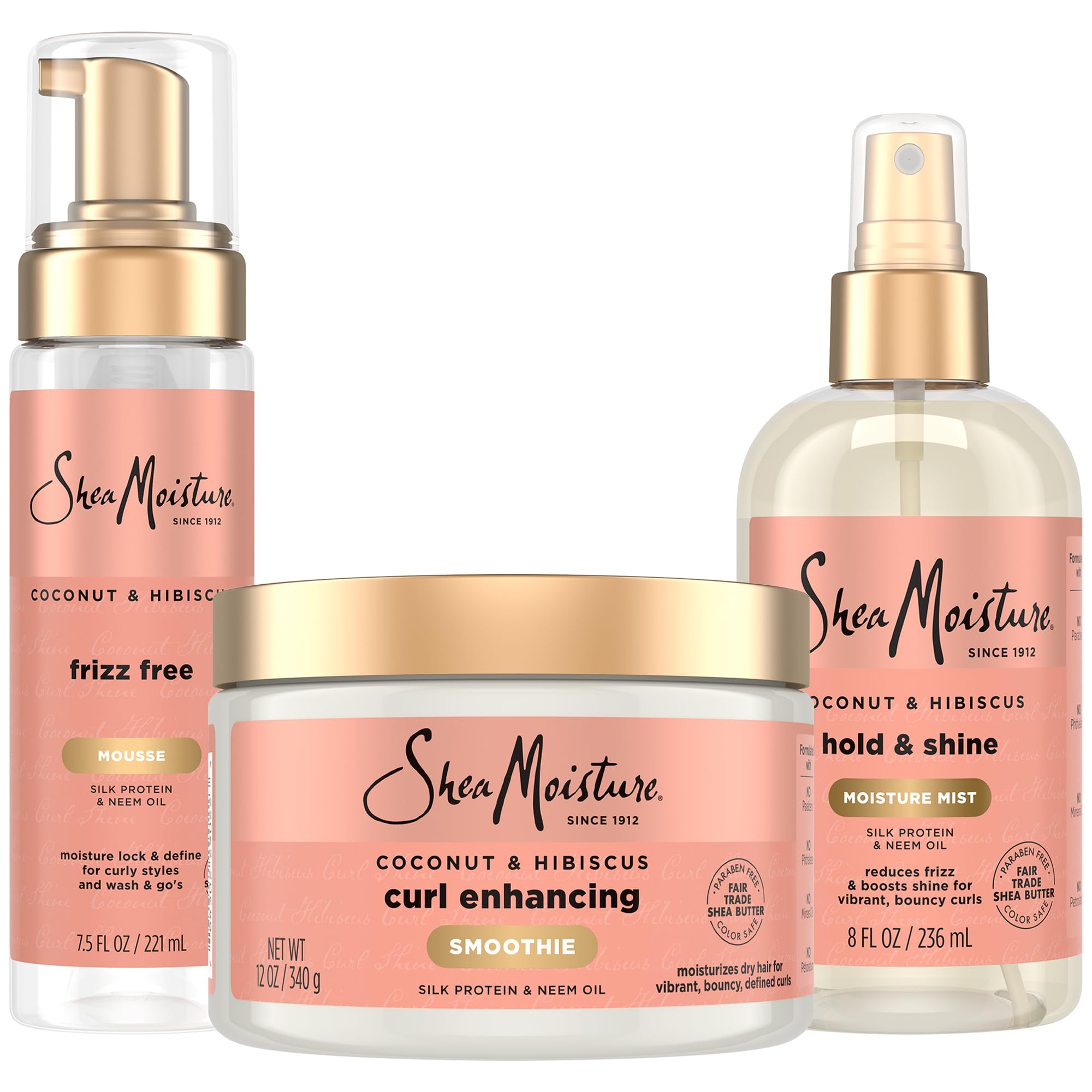 SheaMoisture Curl Care Bundle, Coconut & Hibiscus, Curl Enhancing Smoothie, Hold & Shine Moisture Mist, Frizz Free Mousse for Curly Hair, Wavy Styles