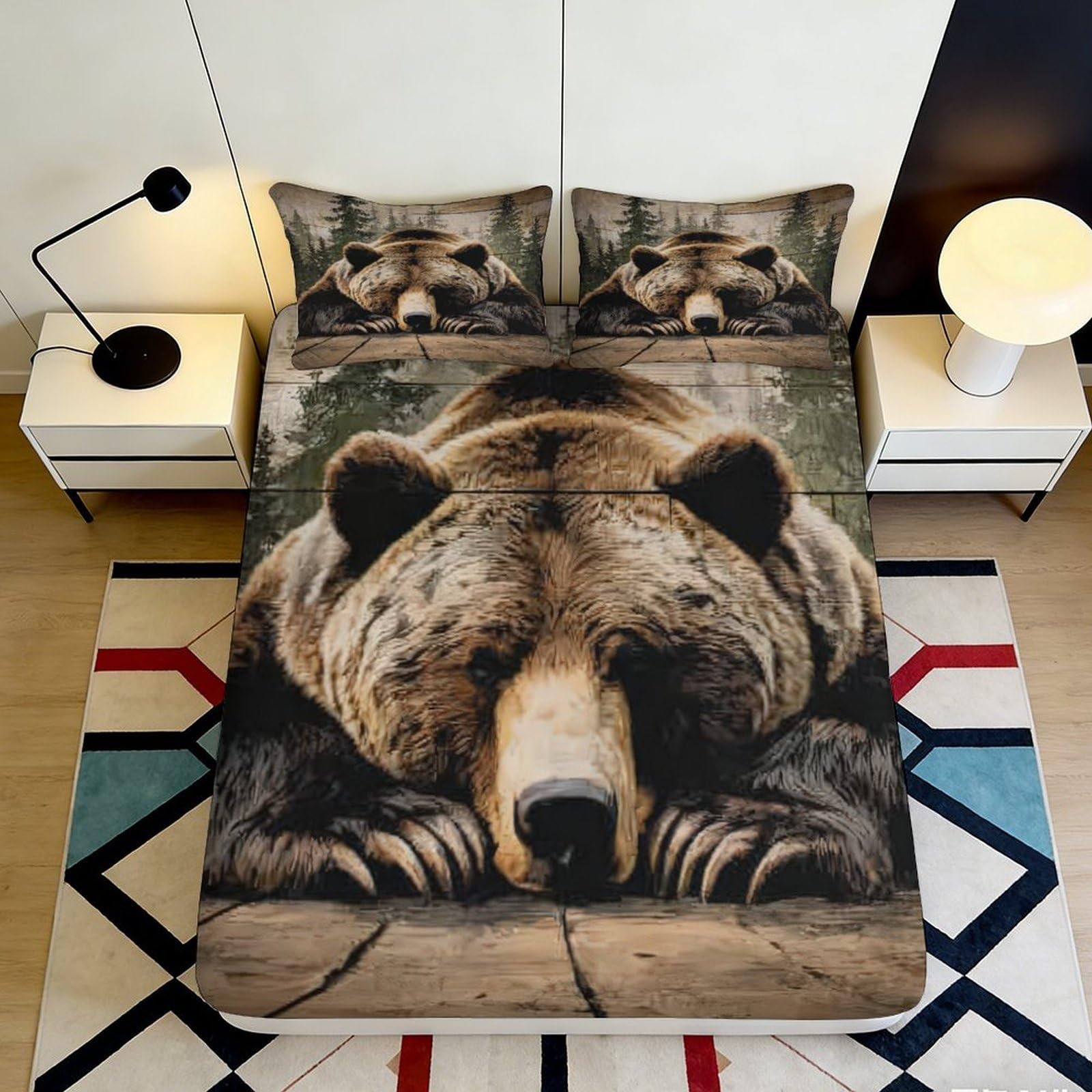 3D Printed Bear Design Fitted Sheet Microfiber Durable Soft 3D Printed Forest Mattress Cover for Bedroom Dormitory Guest Room Protective Bedding 200x200x25cm