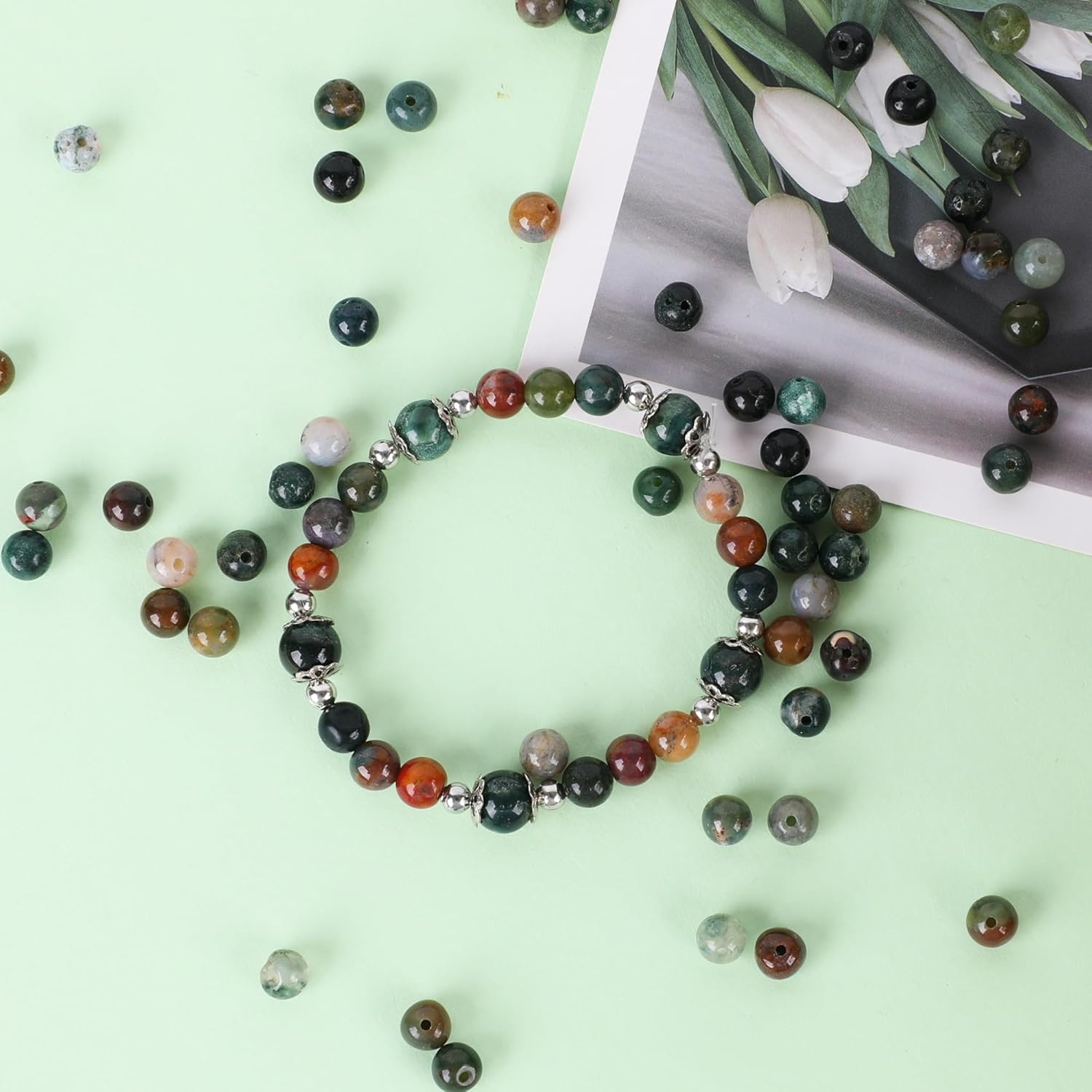 Approx. 120 pieces gemstone beads, round, diameter 6 mm, natural Indian agate, gemstones, semi-precious stones, stone beads, loose beads for bracelets, necklaces, jewellery, crafts, threading