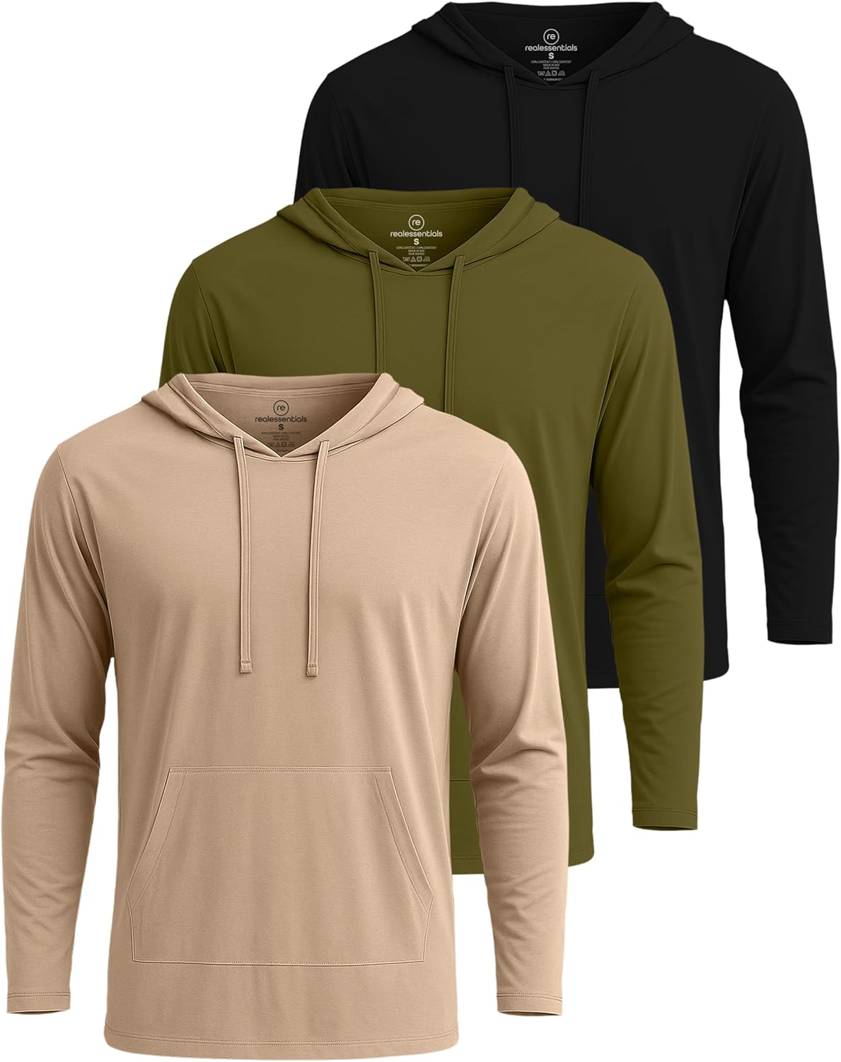 Real Essentials 3 Pack: Men's Cotton Lightweight Casual Pullover Drawstring Hoodie With Pocket (Available In Big & Tall)