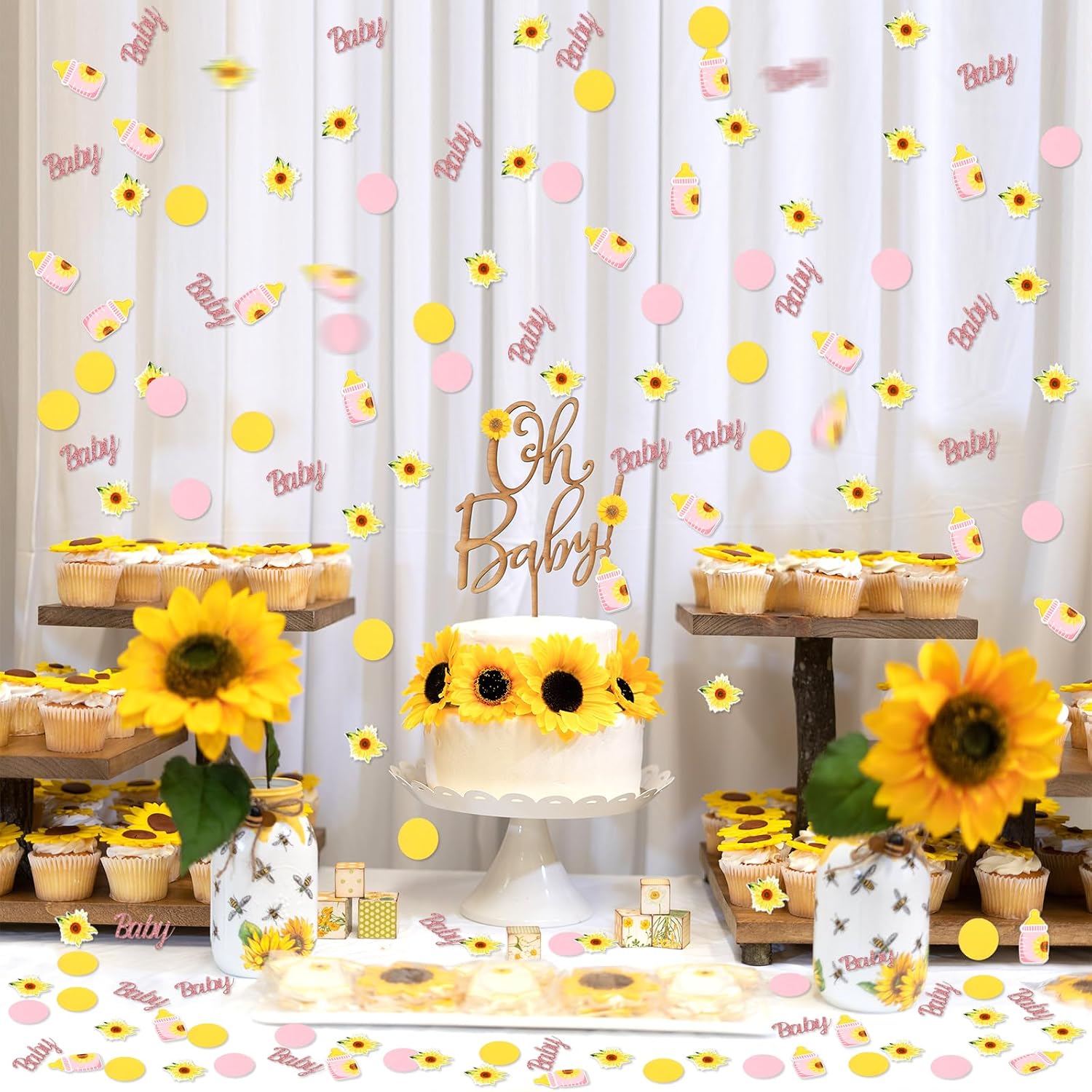 Jollyboom 200Pcs Sunflower Confetti, Sunflower Baby Shower Decorations Girl Yellow Flower Double-Sided Printing Confetti for Girl Baby Shower Table Decoration