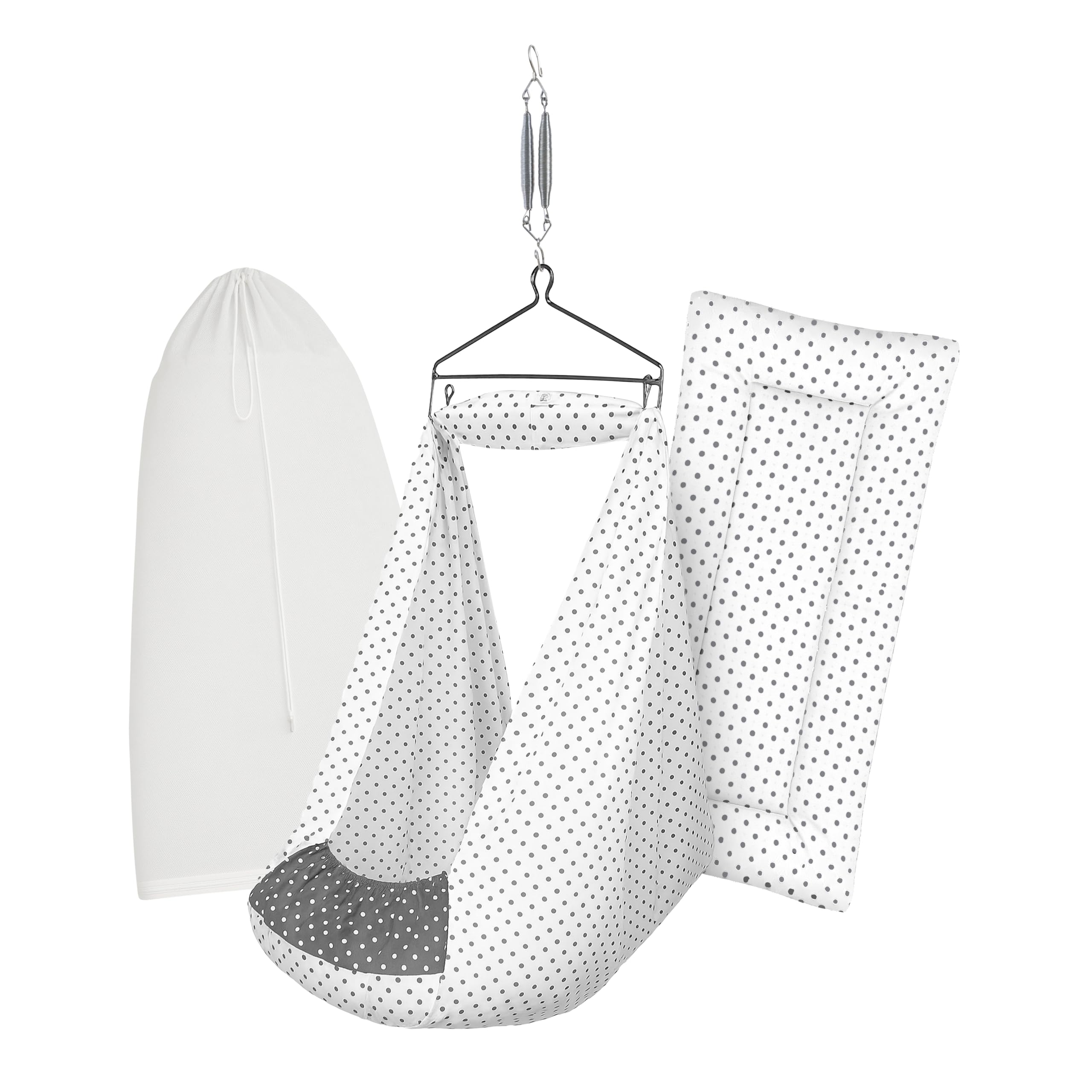 Baby Cradle Set Swing/Jhula (Thottil Cloth, Palna, Dolna) | Hanging Cradle with Removable Bed, Mosquito Net, Spring, Triangle Hanger | Up to 15 kg | PRE-Print-MELANCHI DOT-15983