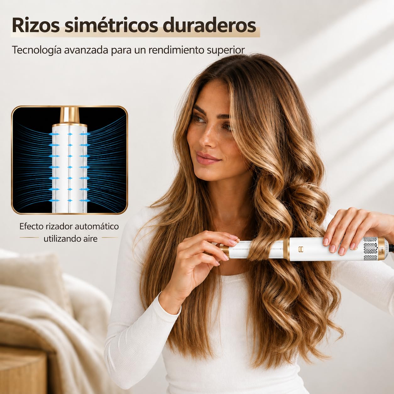 Cepillo secador de pelo 5 en 1 Golden Goods Multistyler, secador Airstyler con 5 accesorios cepillo de peinado caliente, secador ionico, Para alisar, rizar y secar, White/Gold Edition