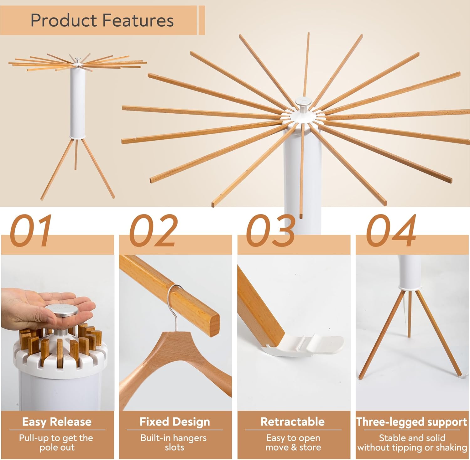 Clothes Drying Rack, Foldable Wooden Tripod Drying Rack Clothing for Small Apartments Balcony Bedroom, Portable Space Saving Laundry Rack, Floor Standing with 16 Poles for Indoor Air Drying