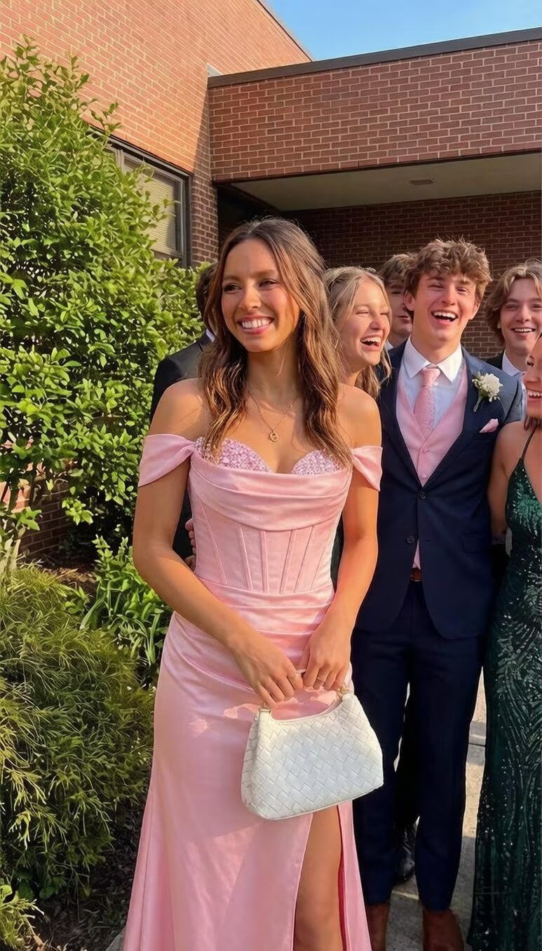 Off Shoulder Satin Prom Dresses 2026 Long Mermaid Corset Formal Evening Gown with Slit