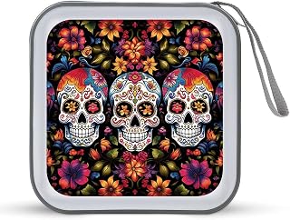 Colorful Flower Skulls CD Case 40 Capacity CD Holder Organizer Portable Zipper DVD Collection Storage Bag Compact Cases Storage Binder Plastic Holder Disc Car Home Travel