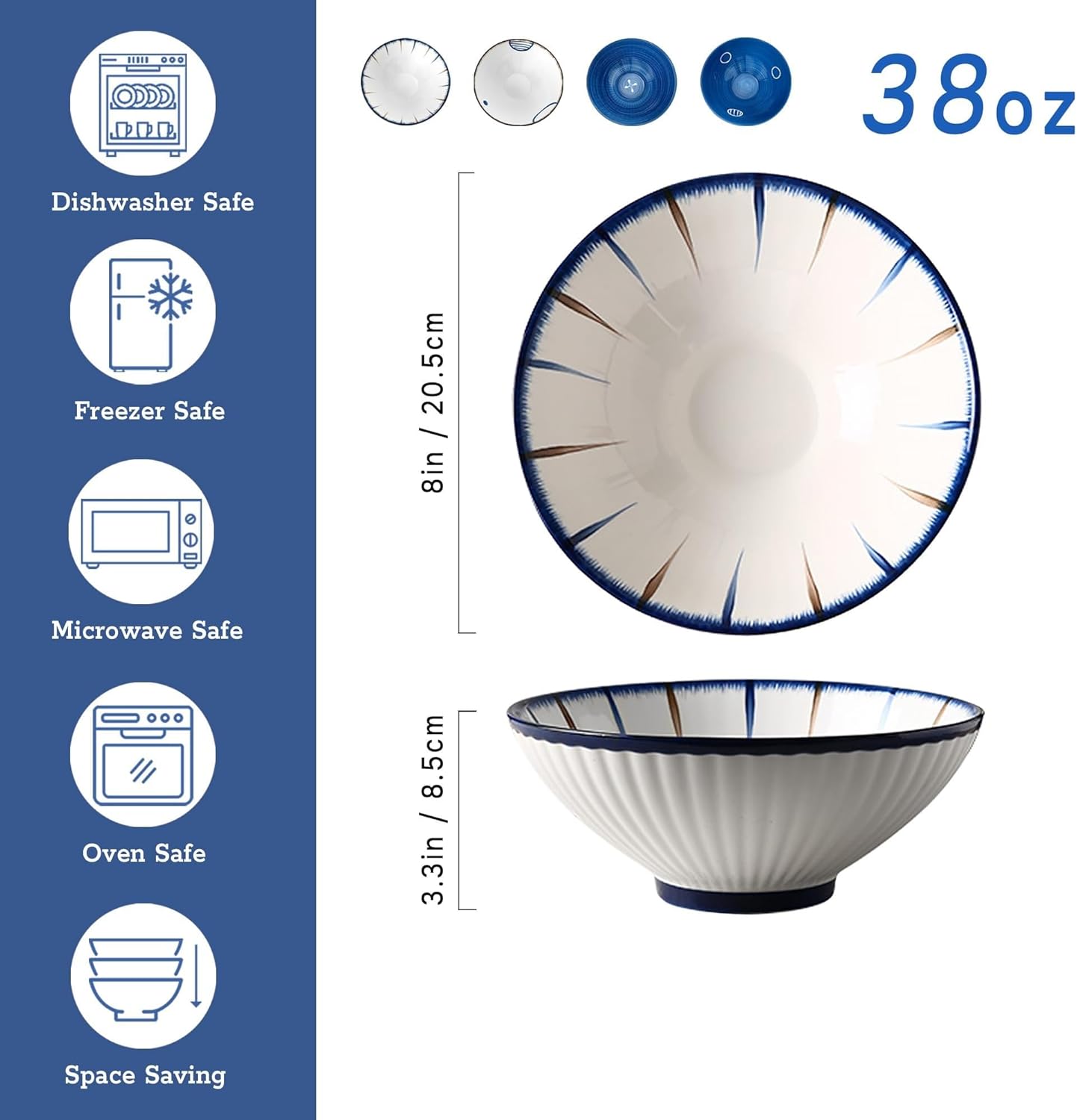 Porcelain 8 Inch Ramen Bowls Set of 4, 38 Oz Ceramic Soup Bowls for Udon, Soba, Noodles and Soup, Ideal for Japanese Cuisine Home Kitchen Dining, Blue and White