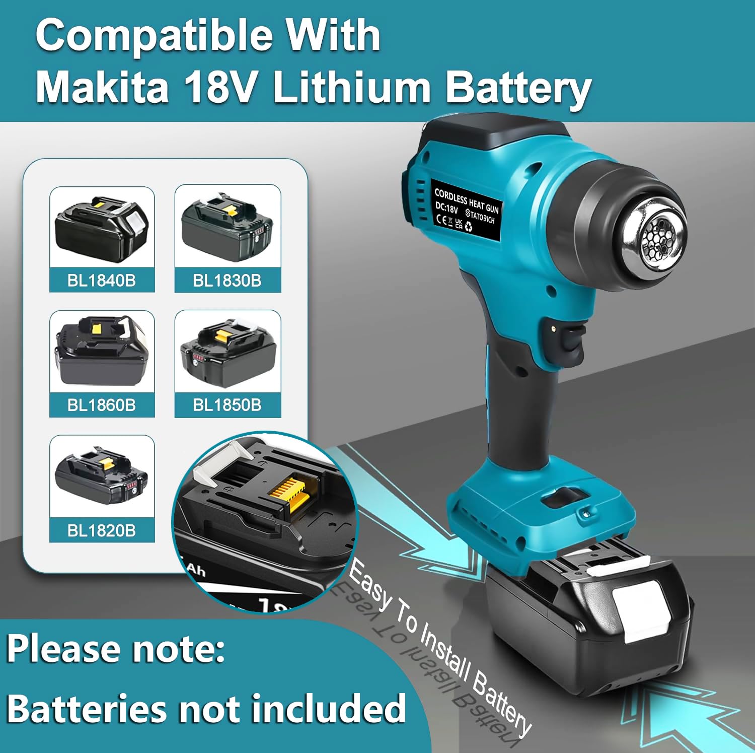Pistola ad aria calda con batteria per Makita 18 V, pistola termica manuale con luci LCD digitali, 50 °C - 550 °C e controllo dell'aria per fai da te, rimozione (senza batteria)