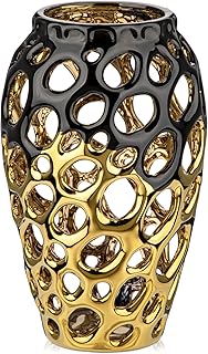 Black and Gold Vases for Centerpieces, Openwork Ceramic Flower Vase 8.7