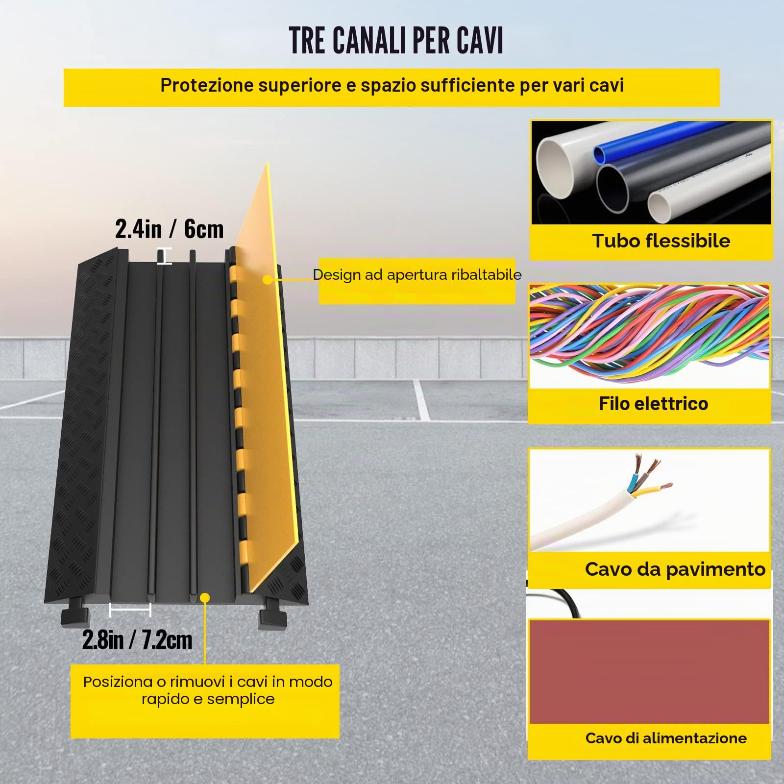Happybuy Rampa di Protezione del Cavo 44.000 lbs, Copertura del Cavo a 3 Canali, Pavimento Protezione del Pavimento, Canale Copertura del Cavo, Parcheggio Magazzino