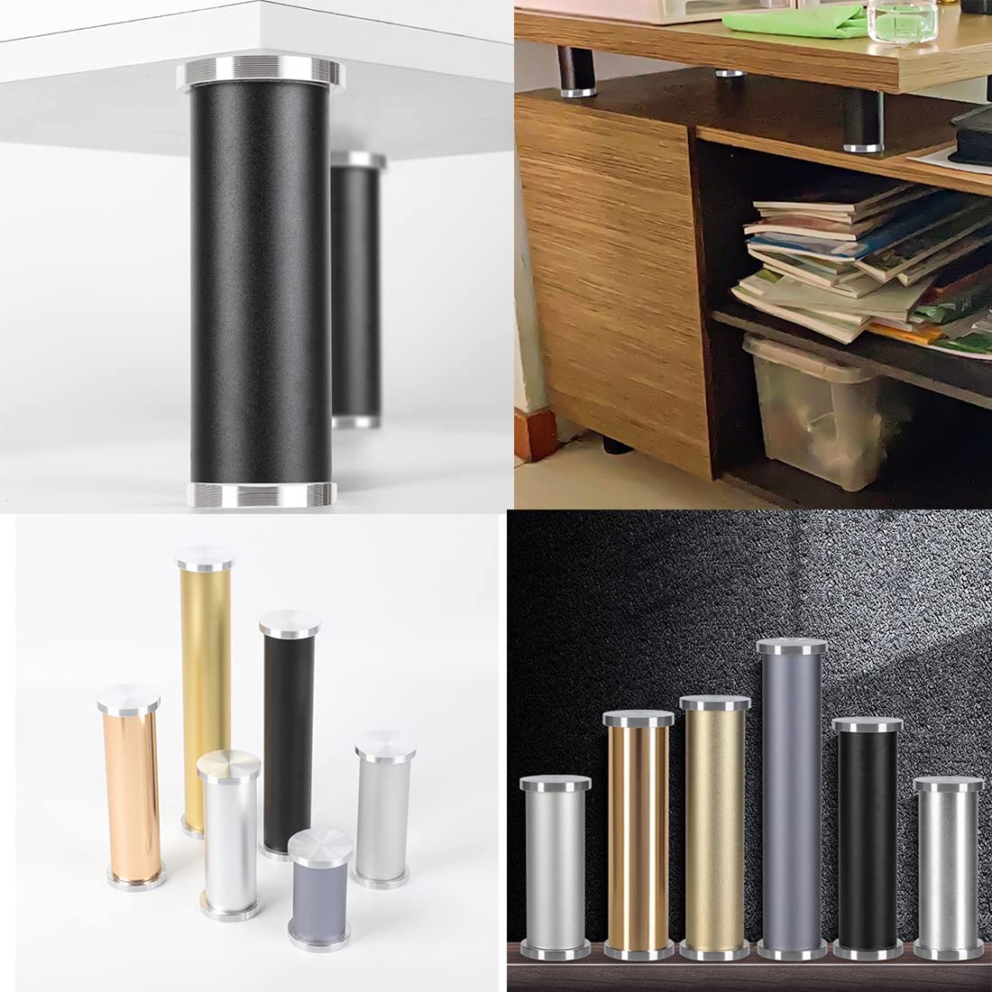 Zestaw 4 aluminiowych nóg stołowych do szklanego stolika kawowego, antypoślizgowe kołki podtrzymujące, 40 cm, regulowana wysokość, idealne do łazienki i mebli, eleganckie, srebrne wykończenie