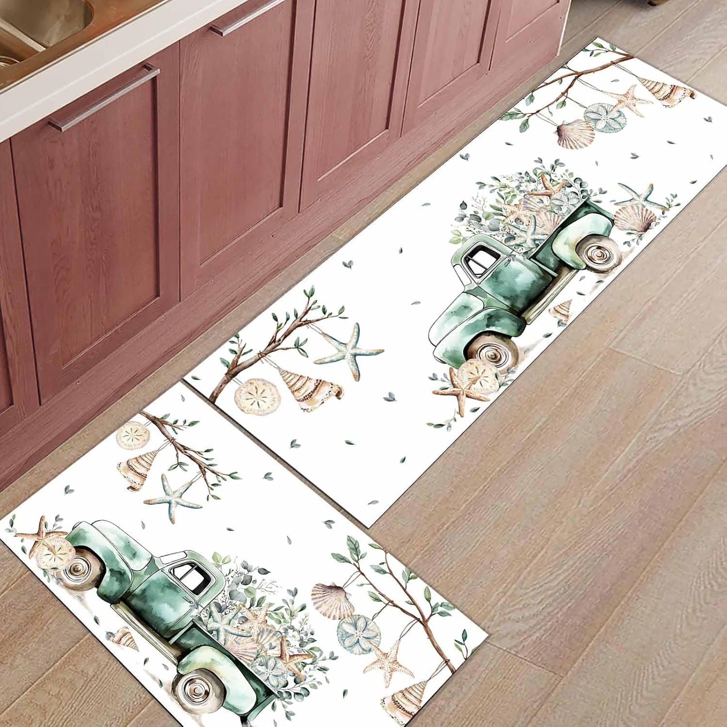 2 Pieces Kitchen Rugs and Mats,Sage Green Truck Ocean Shell Starfish Area Runner Rug Set Non Slip Floor Doormat Washable Carpet Standing Mat for Kitchen Sink Indoor Corridor,Watercolor Leaf Painting