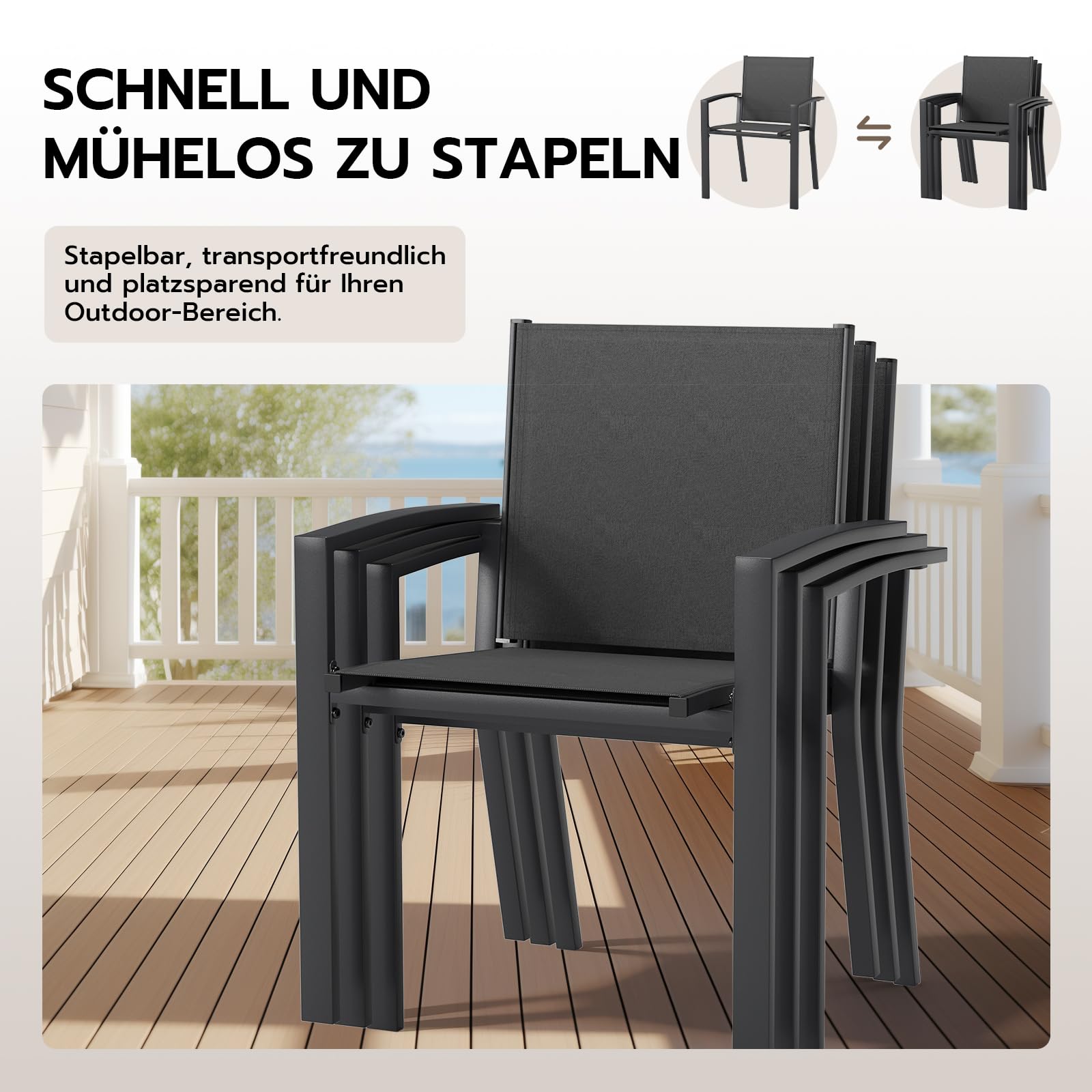 UDPATIO Gartenstühle Stapelbar 4er Set, Gartenstuhl Hochlehner, Balkonstuhl Wetterfest, Stapelstühle, Terrassenstühle Wetterfest 160kg Belastbar, Grau