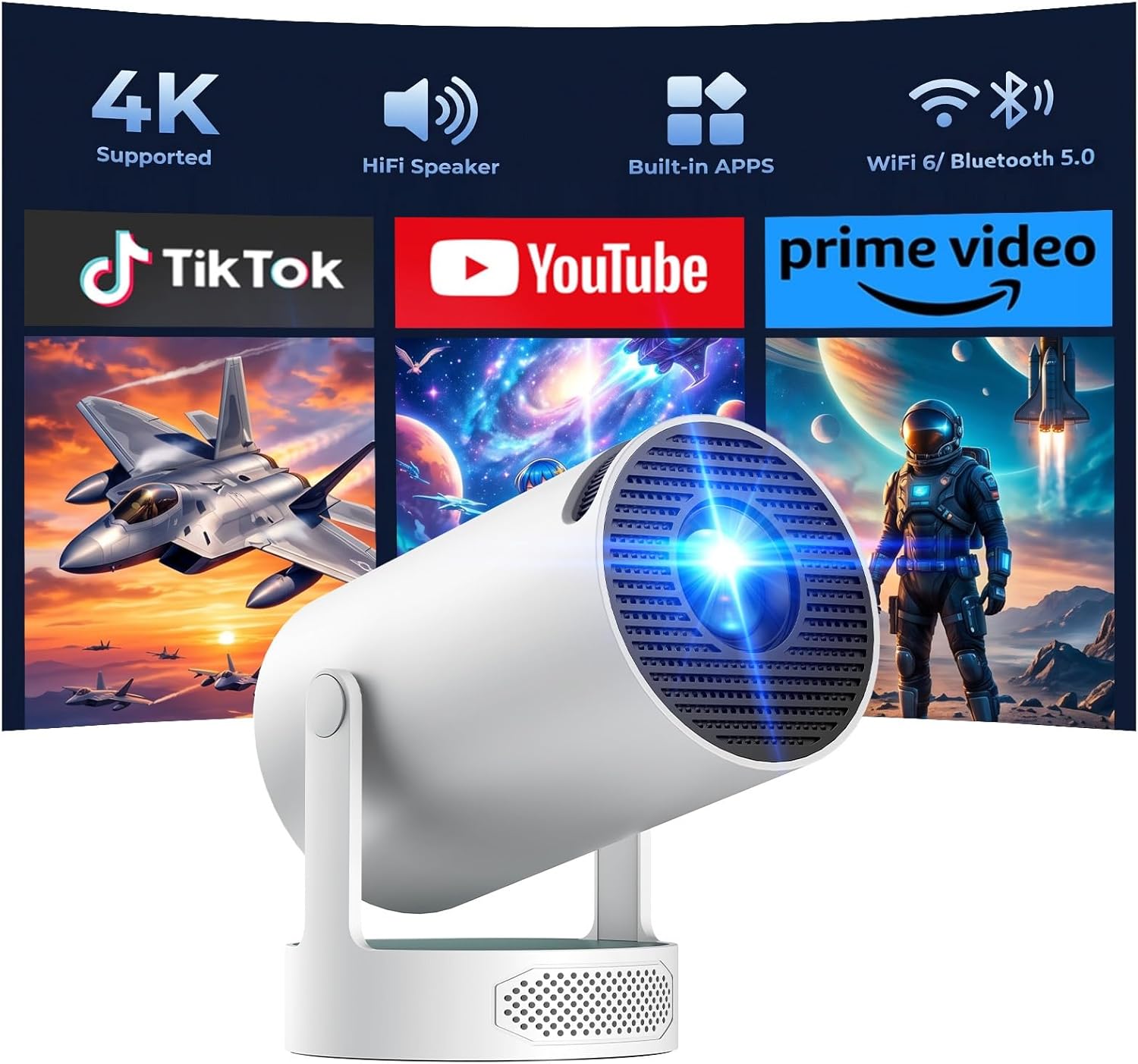 Projector with WiFi and Bluetooth, Mini Projector Support 4K, Auto Keystone Portable Projector for Bedroom Home Theater, Built-in Speaker, Dual-Band WiFi 6