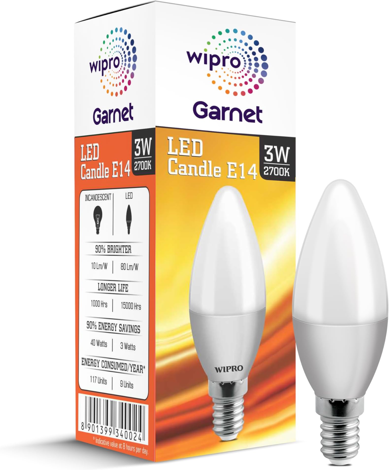 Wipro Garnet 3 W E14 Base Frosted Candle LED Bulb | Warm White (2700K) | Pack of 1 | Clear optics for sparkling effect | LED Filament Bulb for Home, office, chandellior, decorative lamp shade