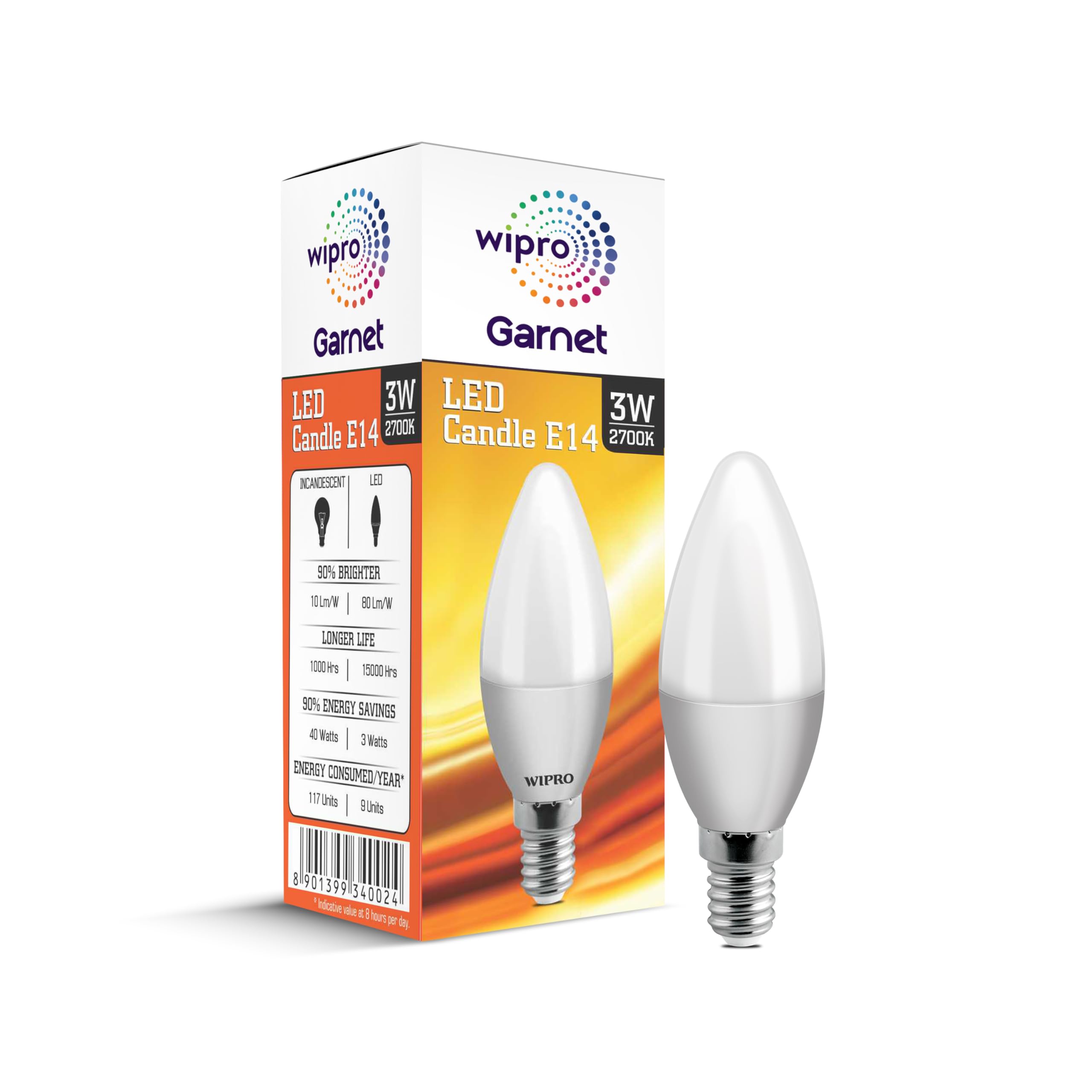 Wipro Garnet 3 W E14 Base Frosted Candle LED Bulb | Warm White (2700K) | Pack of 1 | Clear optics for sparkling effect | LED Filament Bulb for Home, office, chandellior, decorative lamp shade