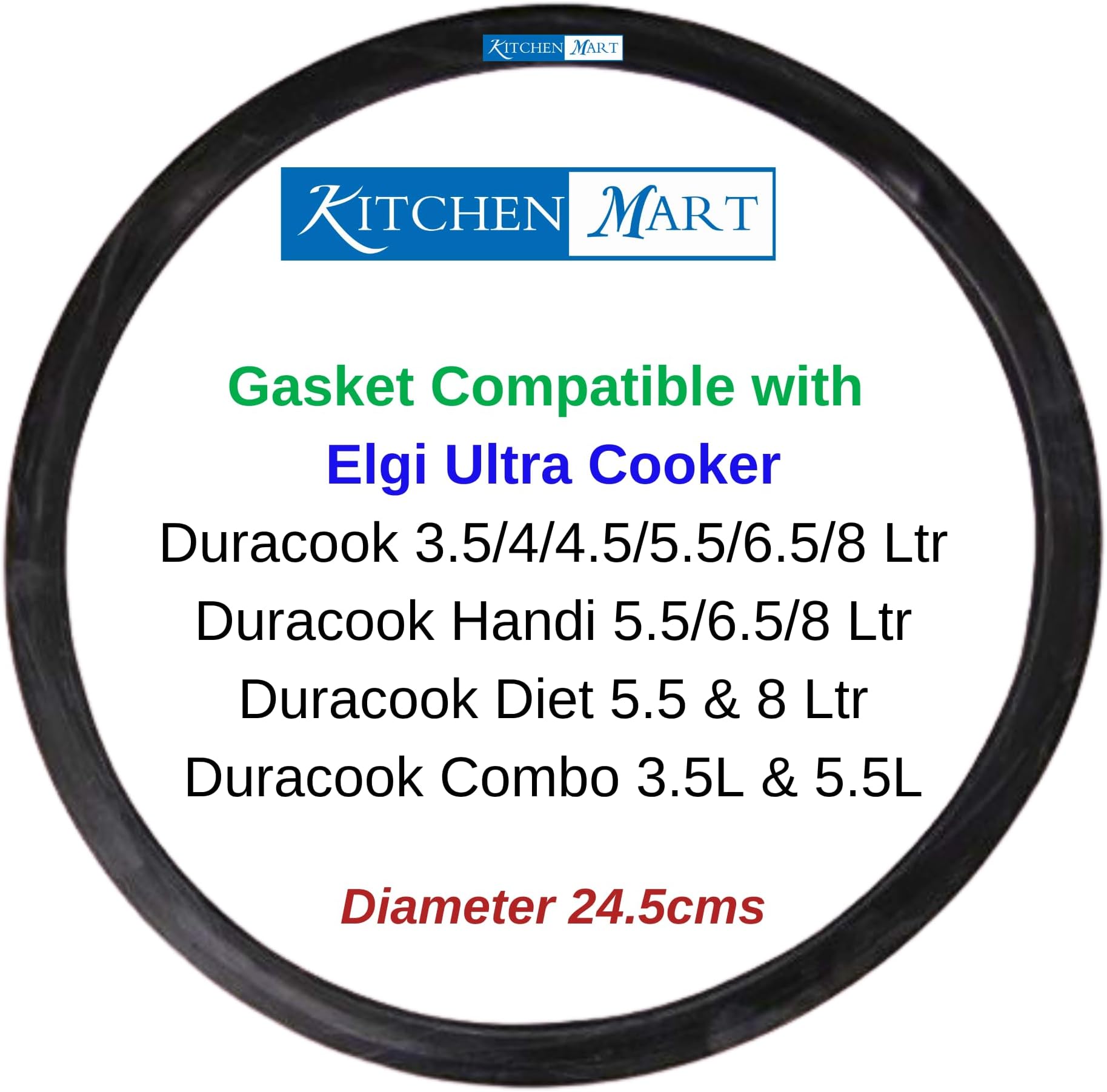Kitchen Mart Gasket Compatible with Elgi Ultra Pressure cookers Duracook 3.5/4/4.5/5.5/6.5/8L and Endura Handi 5.5/6.5/8L & Diet Cooker 5.5/8Ltrs (Duracook 3.5L & above)