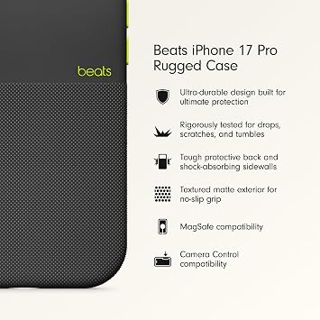 Beats iPhone 17 Pro Dayanıklı Kılıf, MagSafe ve Kamera Denetimi Özellikli, Çizilme ve Düşme Testlerinden Geçmiştir, Mat Dış Yüzey, Mikrofiber İç Kaplama - Everest Siyahı