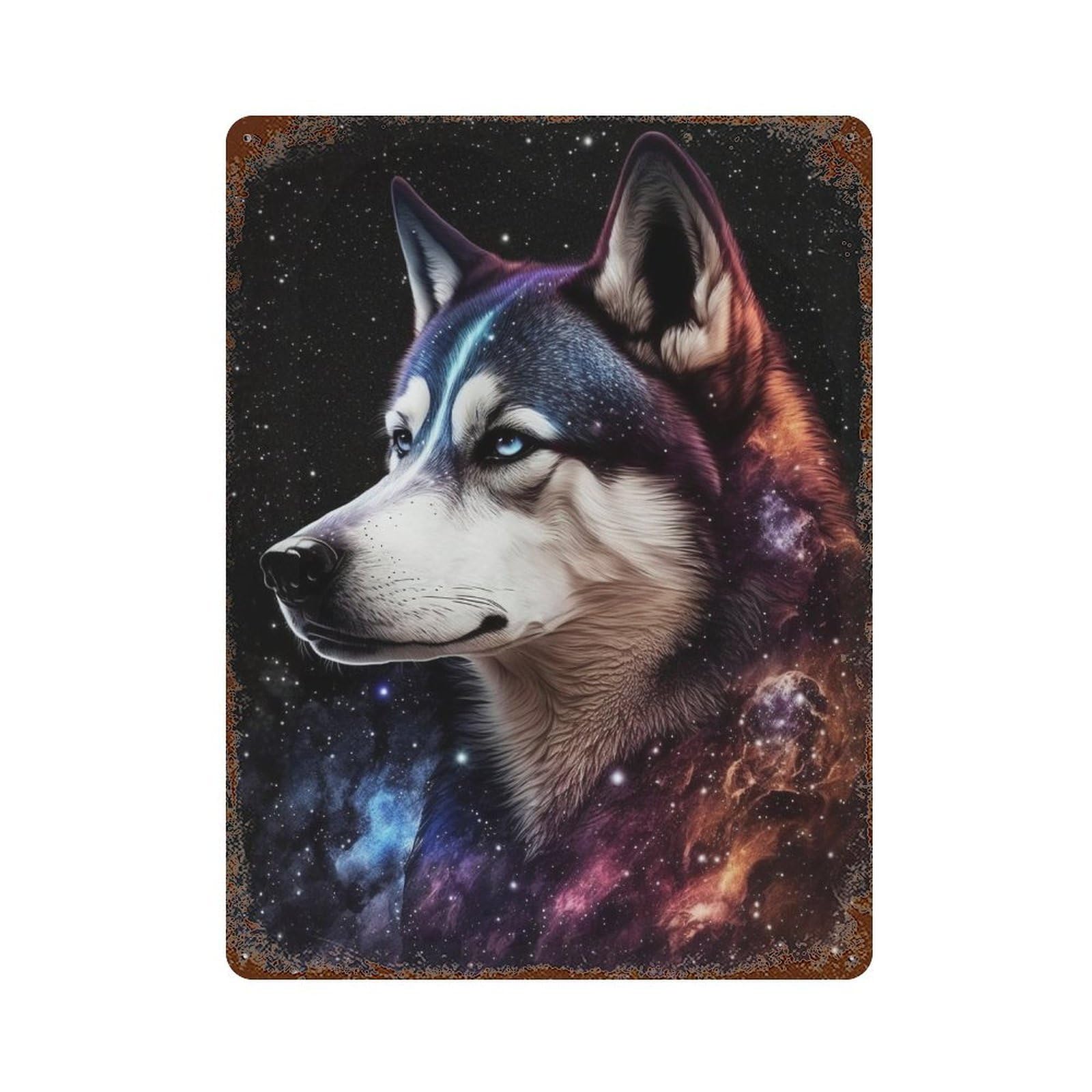 Cosmic Wolf Portrait-11 15.7"x11.8" Distressed Metal Wall Sign, Industrial Home Decor for Patio, Garden Room And Bar Decor